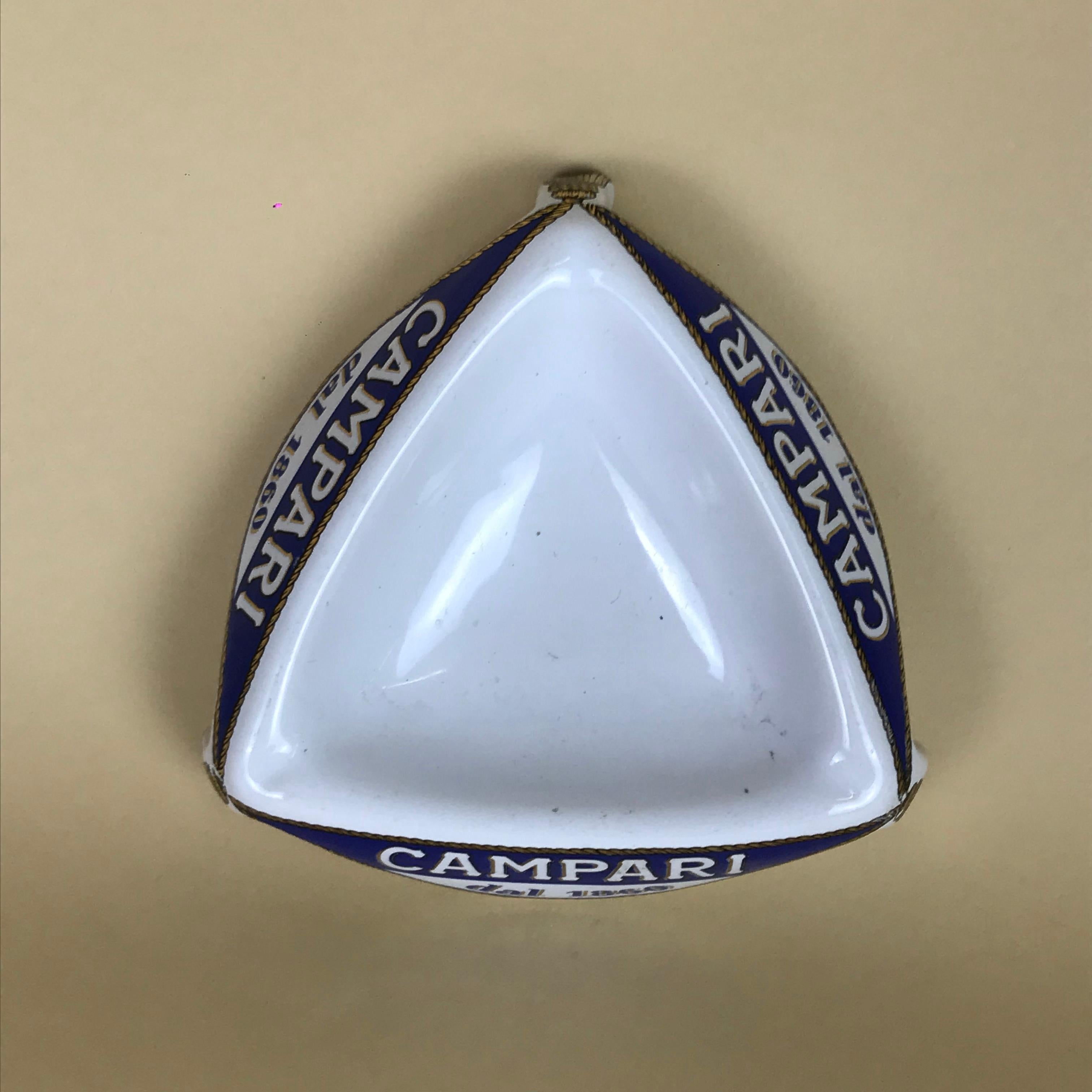 1960s Vintage Advertising Campari Triangular Ashtray Ceramic with Tassels Motif 3