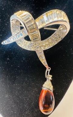 1960s Vintage American Marcel Boucher Ribbon & Amber Teardrop Brooch Model 8102P