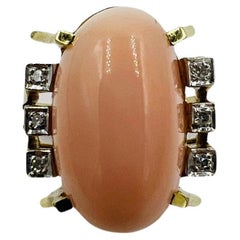 1960s Vintage Angel Skin Coral Diamond 14k Yellow Gold Ring Size 10