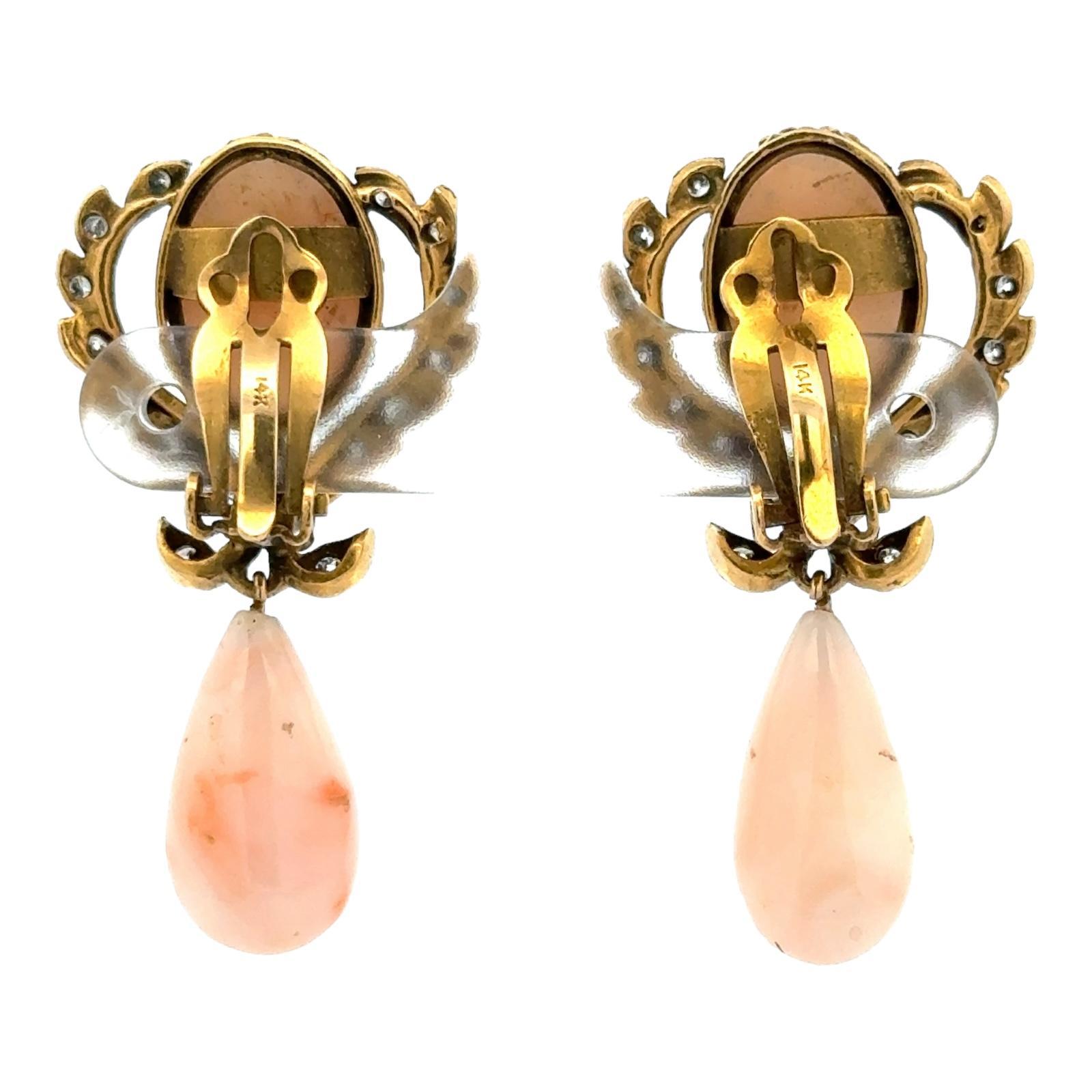1960's Vintage Angel Skin Coral & Diamond Drop 14K Yellow Gold Earclip Earrings In Excellent Condition In Boca Raton, FL