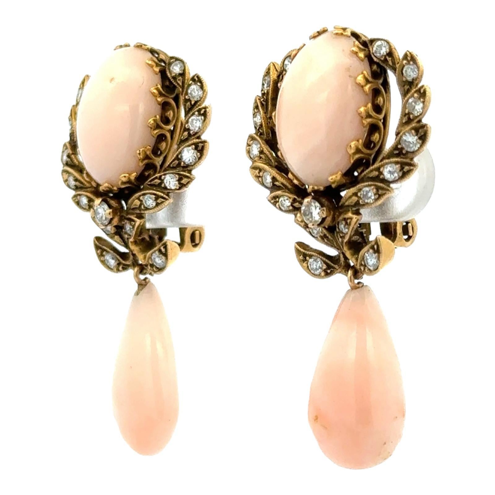 Women's 1960's Vintage Angel Skin Coral & Diamond Drop 14K Yellow Gold Earclip Earrings