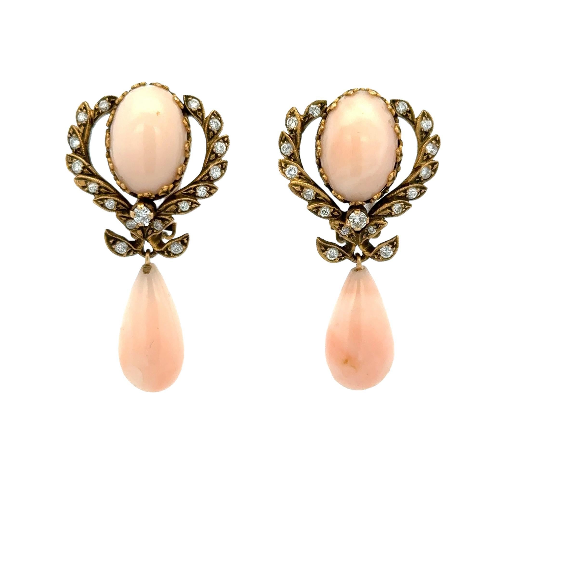 1960's Vintage Angel Skin Coral & Diamond Drop 14K Yellow Gold Earclip Earrings 2