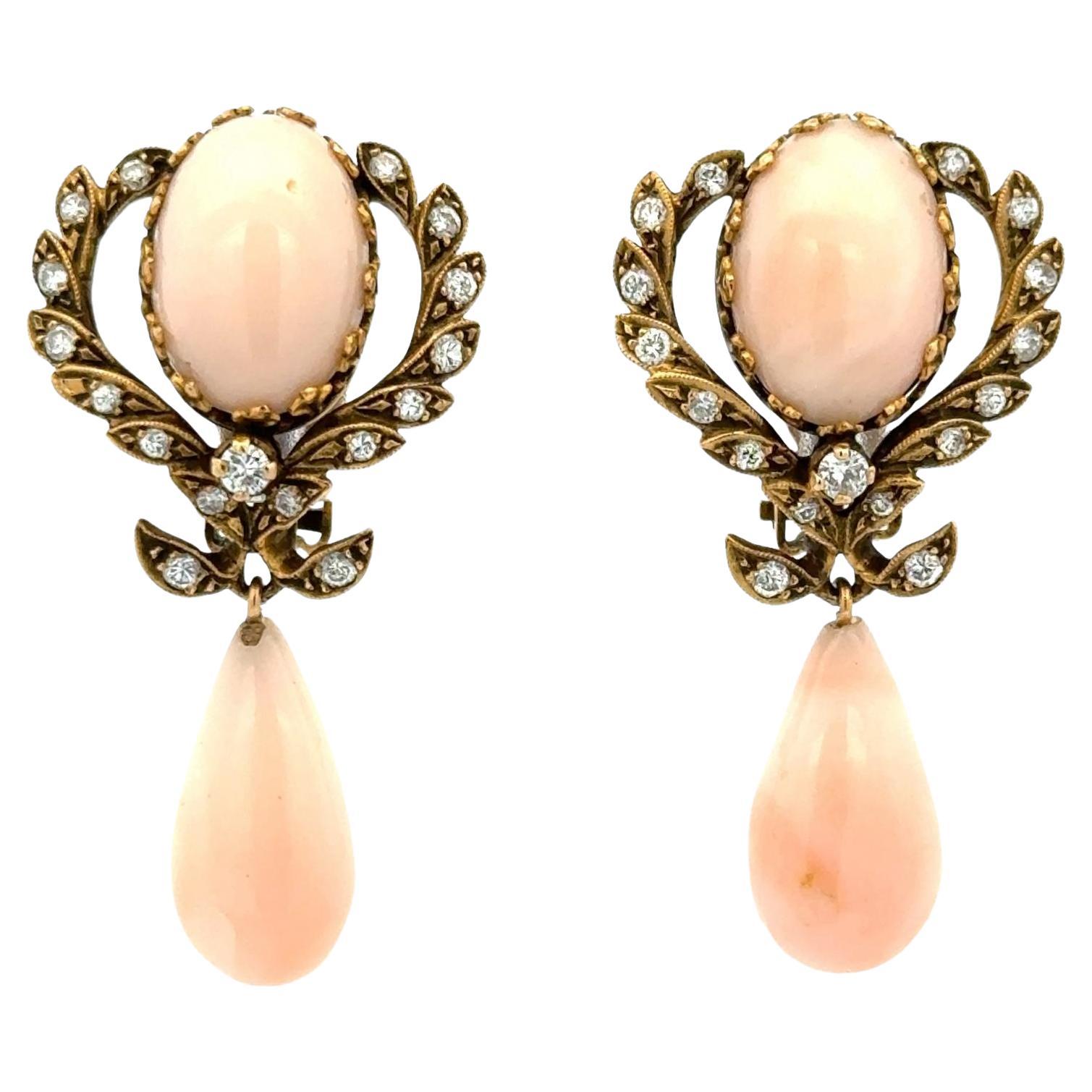 1960's Vintage Angel Skin Coral & Diamond Drop 14K Yellow Gold Earclip Earrings