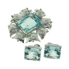 1960s Vintage Aquamarine Brooch/Pin and Earring 2-Piece Set in White Gold