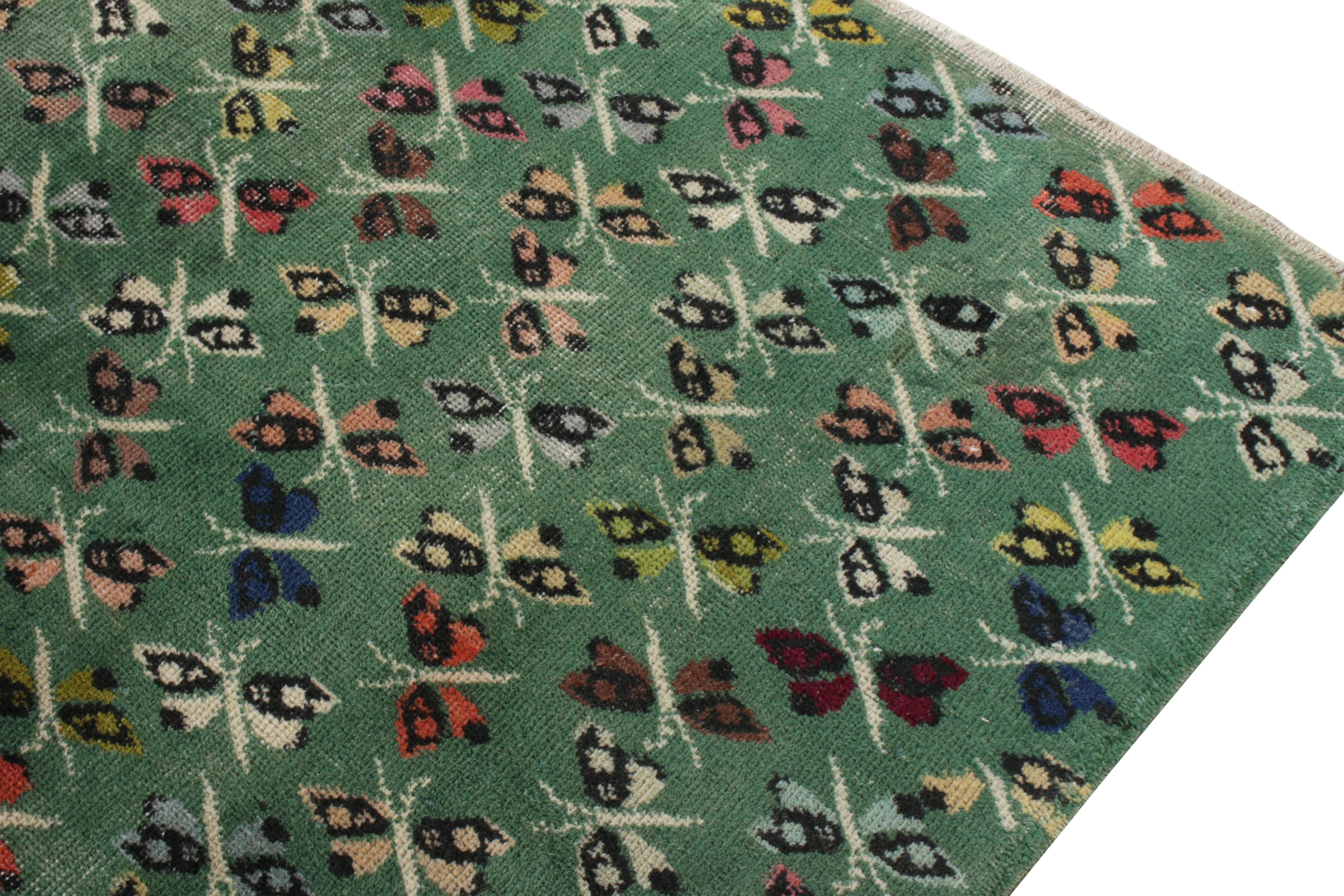 1960s Vintage Art Deco Rug in Green, Multicolor Pictorial Pattern by Rug & Kilim In Good Condition For Sale In Long Island City, NY