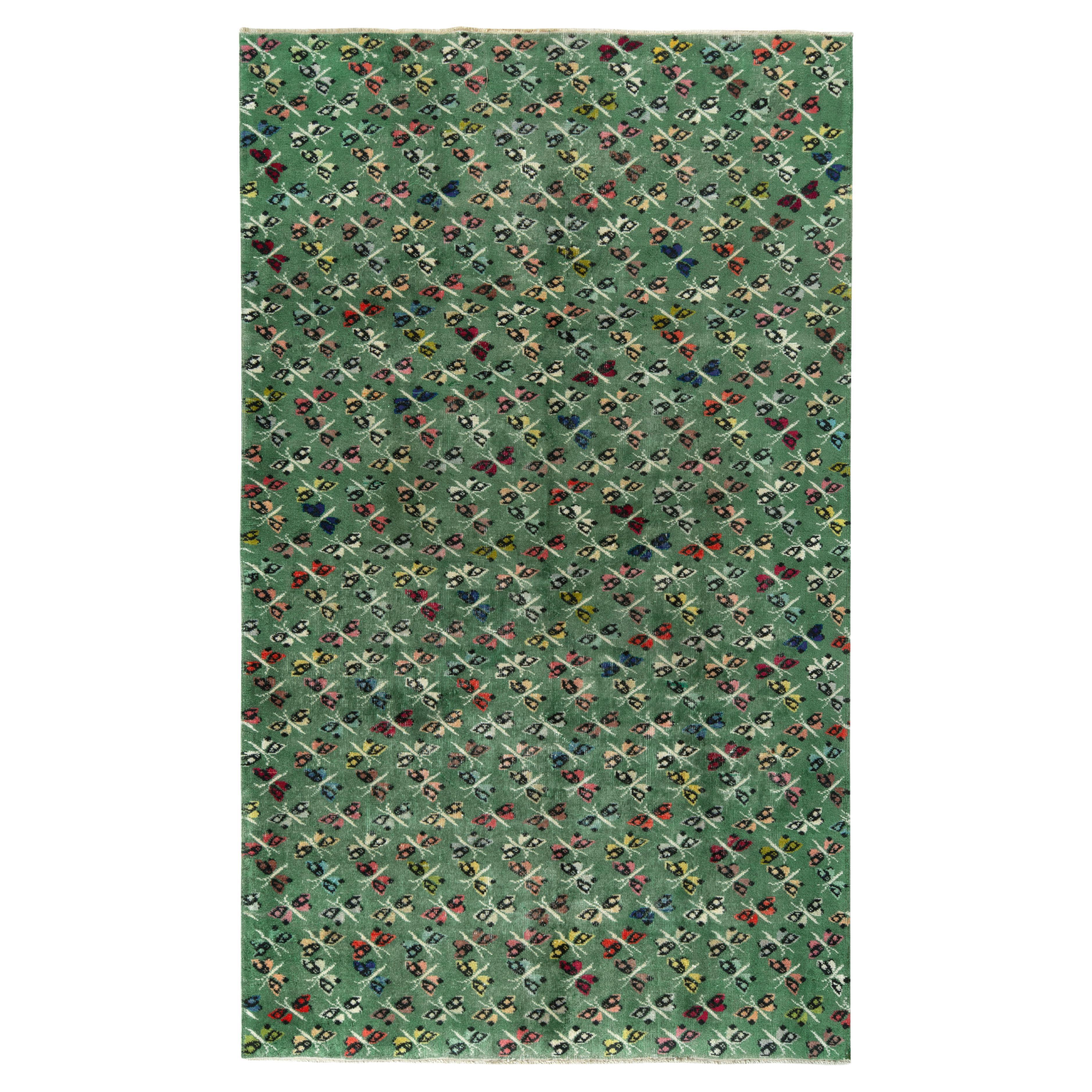 1960s Vintage Art Deco Rug in Green, Multicolor Pictorial Pattern by Rug & Kilim For Sale