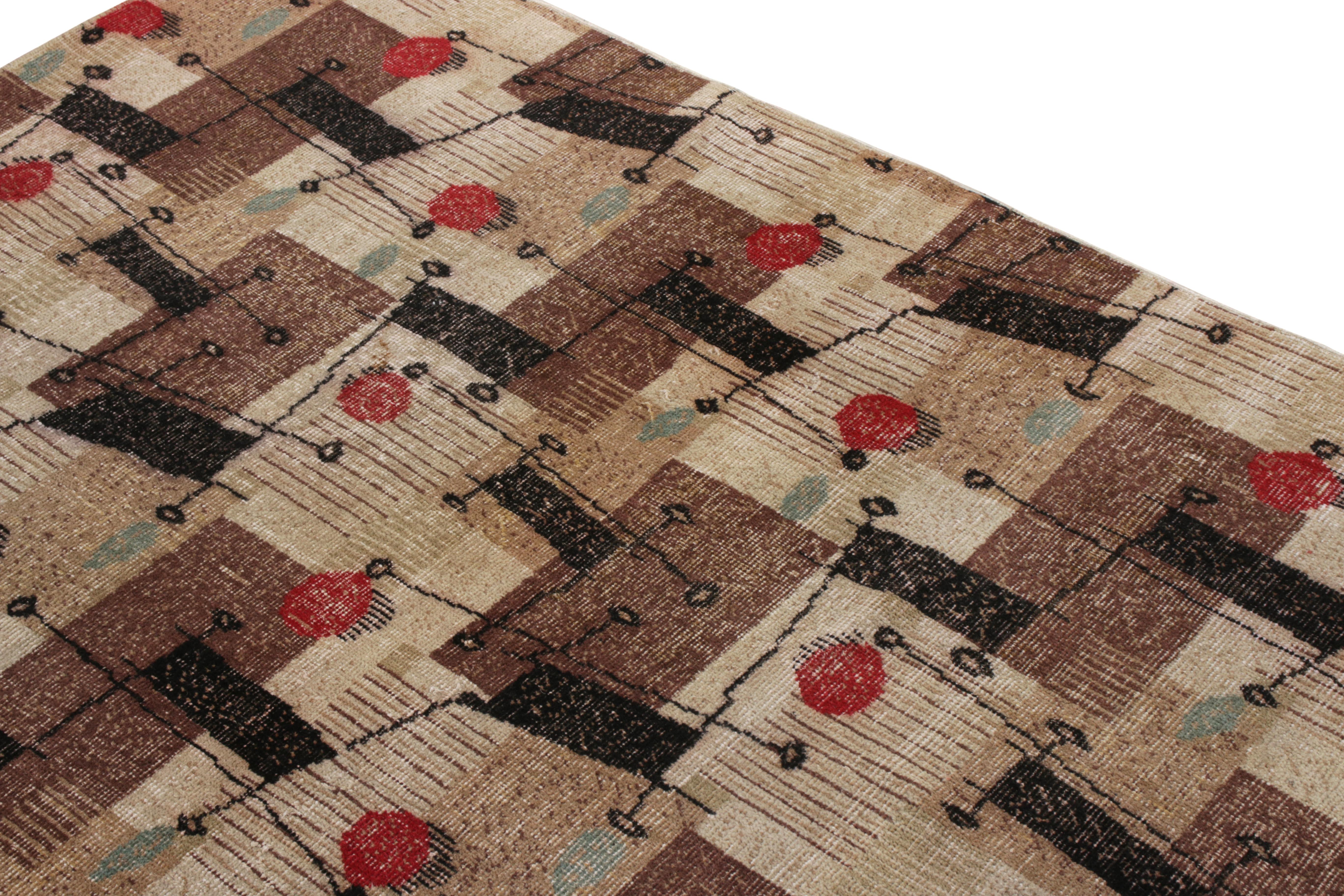 Hand-Knotted 1960s Vintage Art Deco Rug in Beige-Brown Black Geometric Pattern by Rug & Kilim For Sale