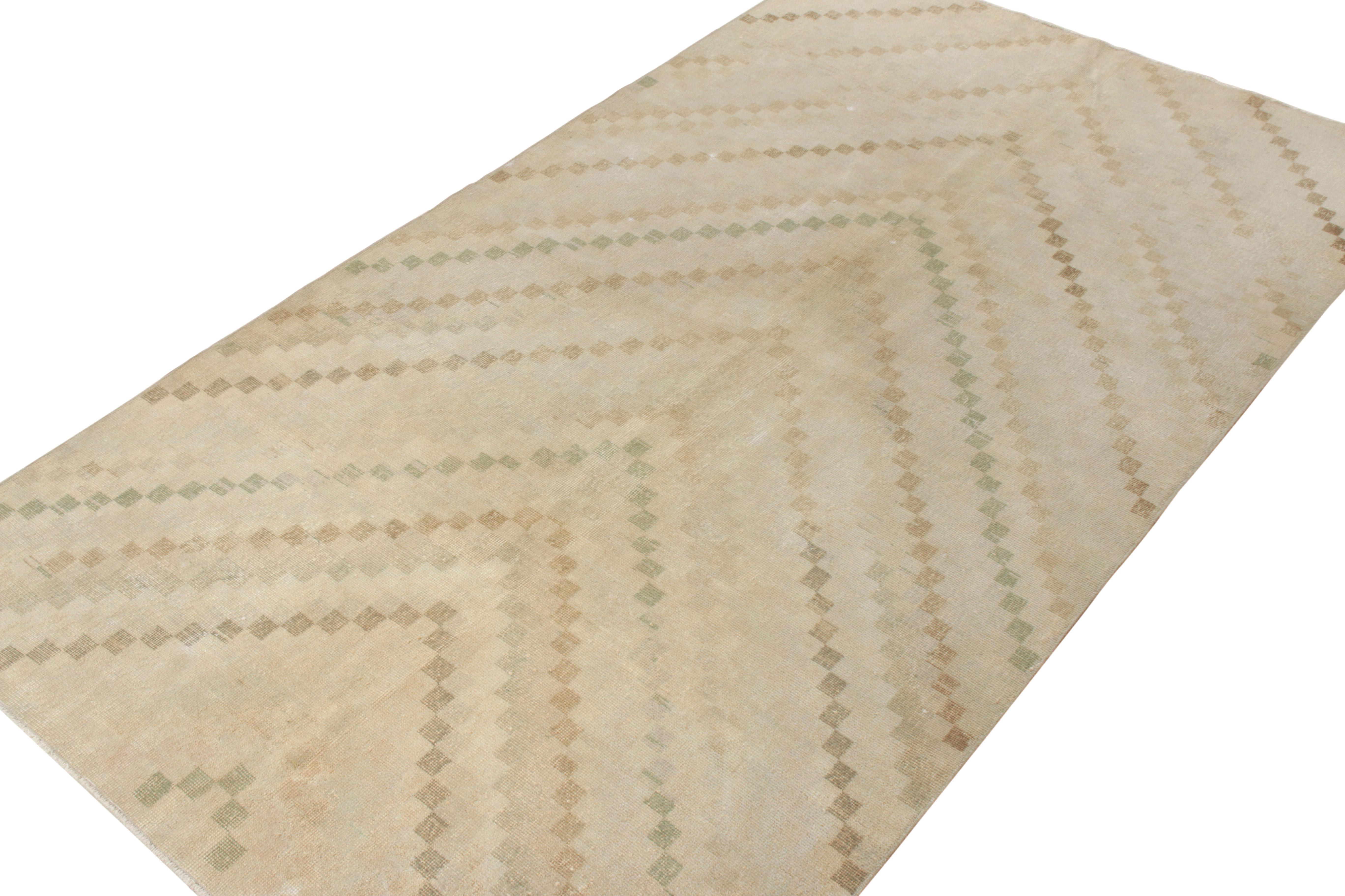 Turkish 1960s Vintage Art Deco Rug in Beige-Brown, Green Chevron Pattern by Rug & Kilim For Sale