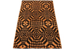 1960s Vintage Art Deco Rug in Black and Orange Geometric Pattern by Rug & Kilim