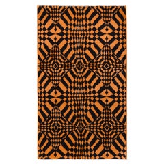 1960s Vintage Art Deco Rug in Black and Orange Geometric Pattern