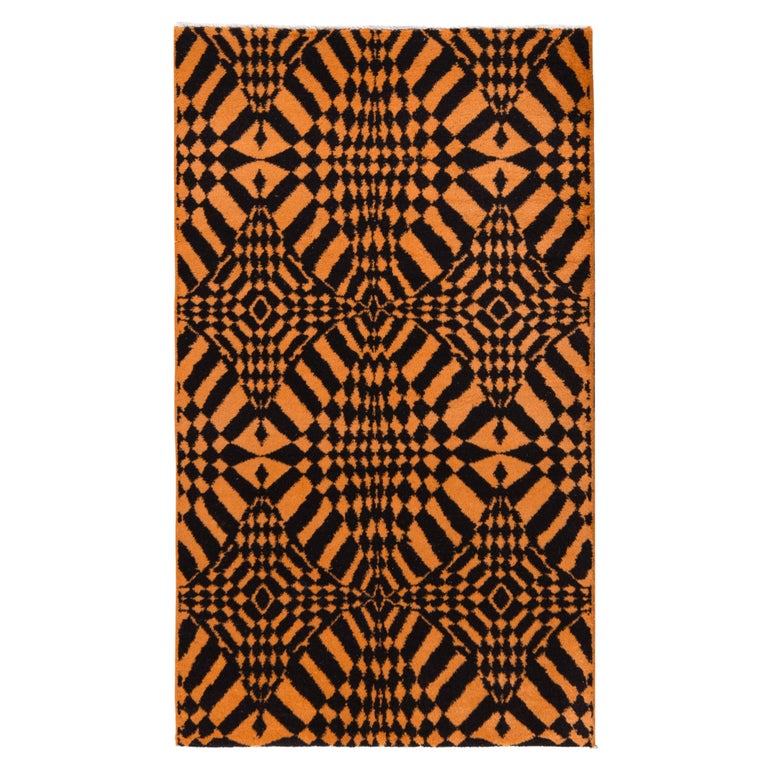 1960s Vintage Art Deco Rug in Black and Orange Geometric Pattern by Rug & Kilim For Sale