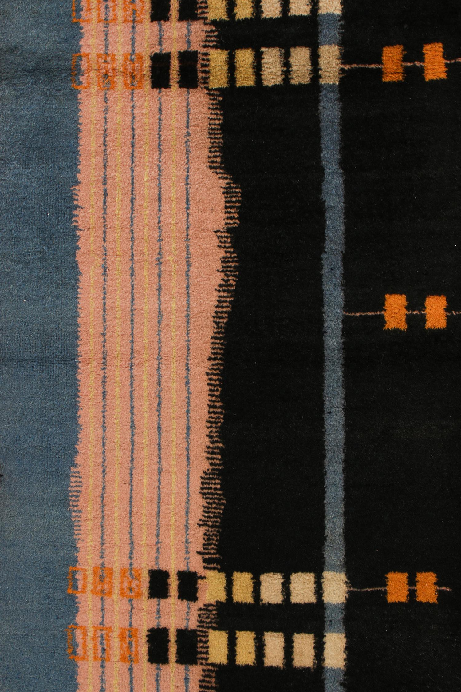 Hand-Knotted 1960s Vintage Art Deco Rug in Black, Blue, Pink Geometric Pattern by Rug & Kilim For Sale