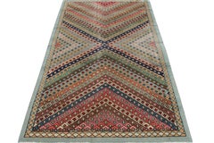 1960s Vintage Art Deco Rug in Blue, Green Beige Geometric Pattern by Rug & Kilim