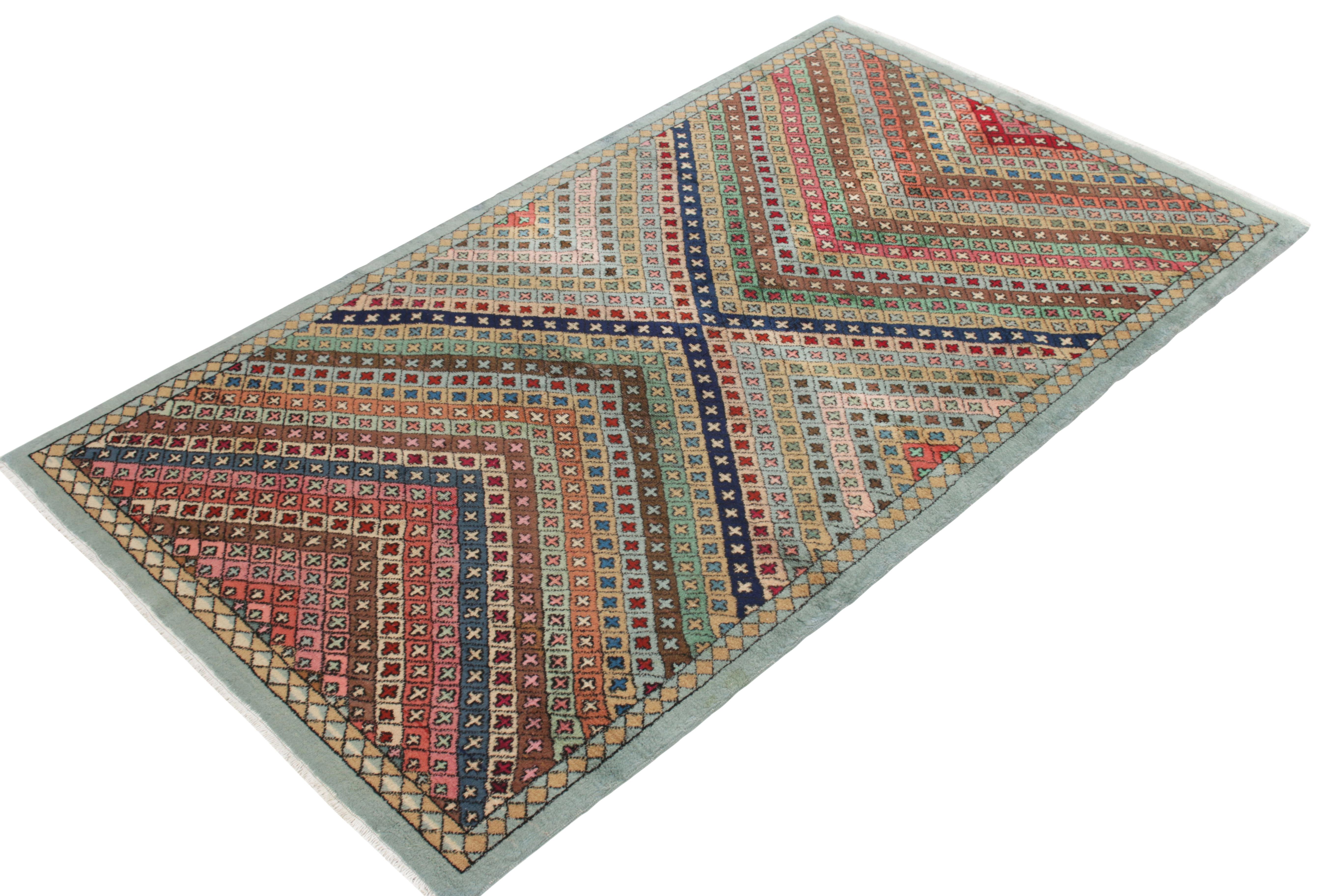 Hand-Knotted 1960s Vintage Art Deco Rug in Blue, Green Beige Geometric Pattern by Rug & Kilim For Sale
