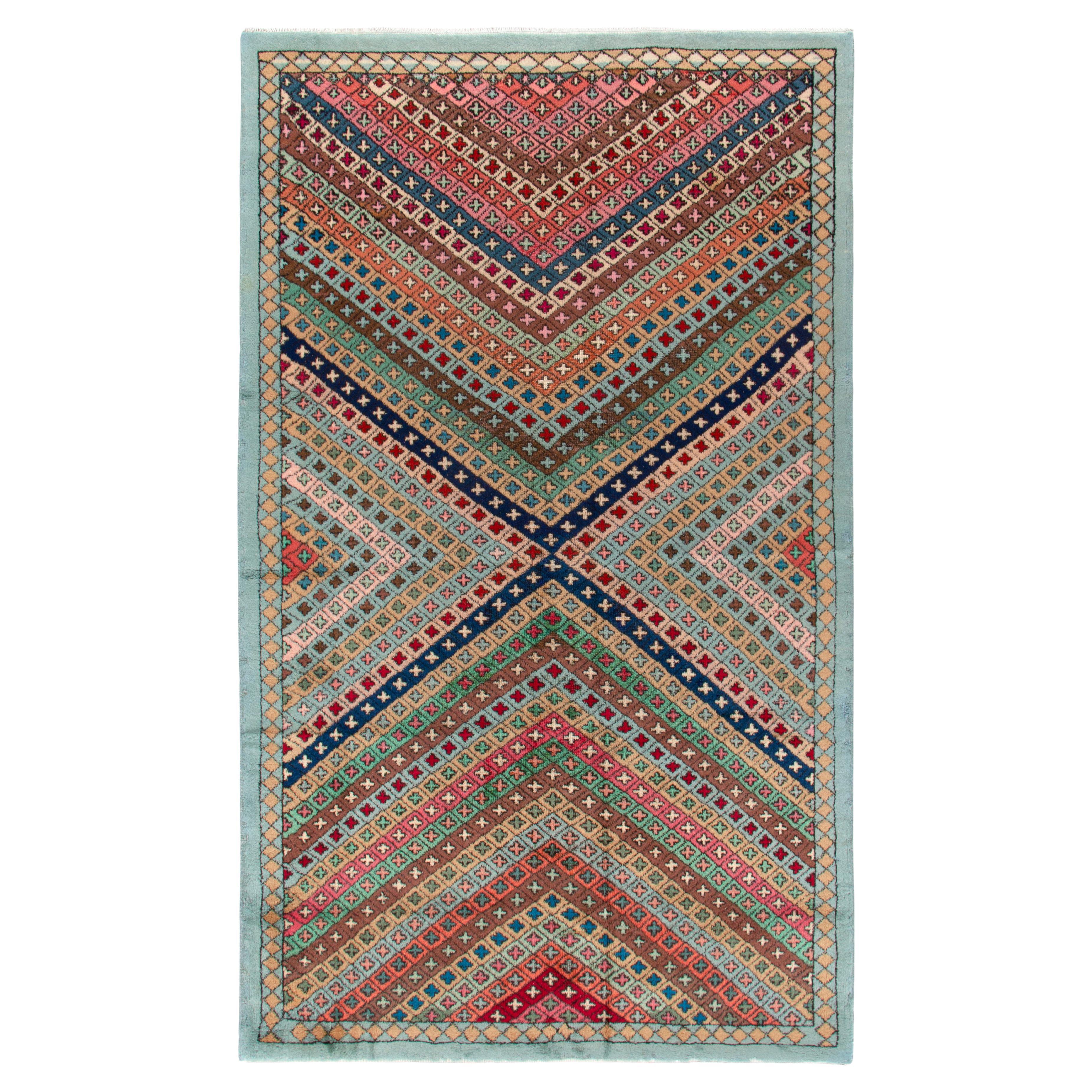 Vintage-Art-déco-Teppich aus den 1960er Jahren mit geometrischem Muster in Blau, Grün und Beige von Teppich & Kelim