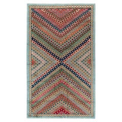 1960s Vintage Art Deco Rug in Blue, Green Beige Geometric Pattern by Rug & Kilim