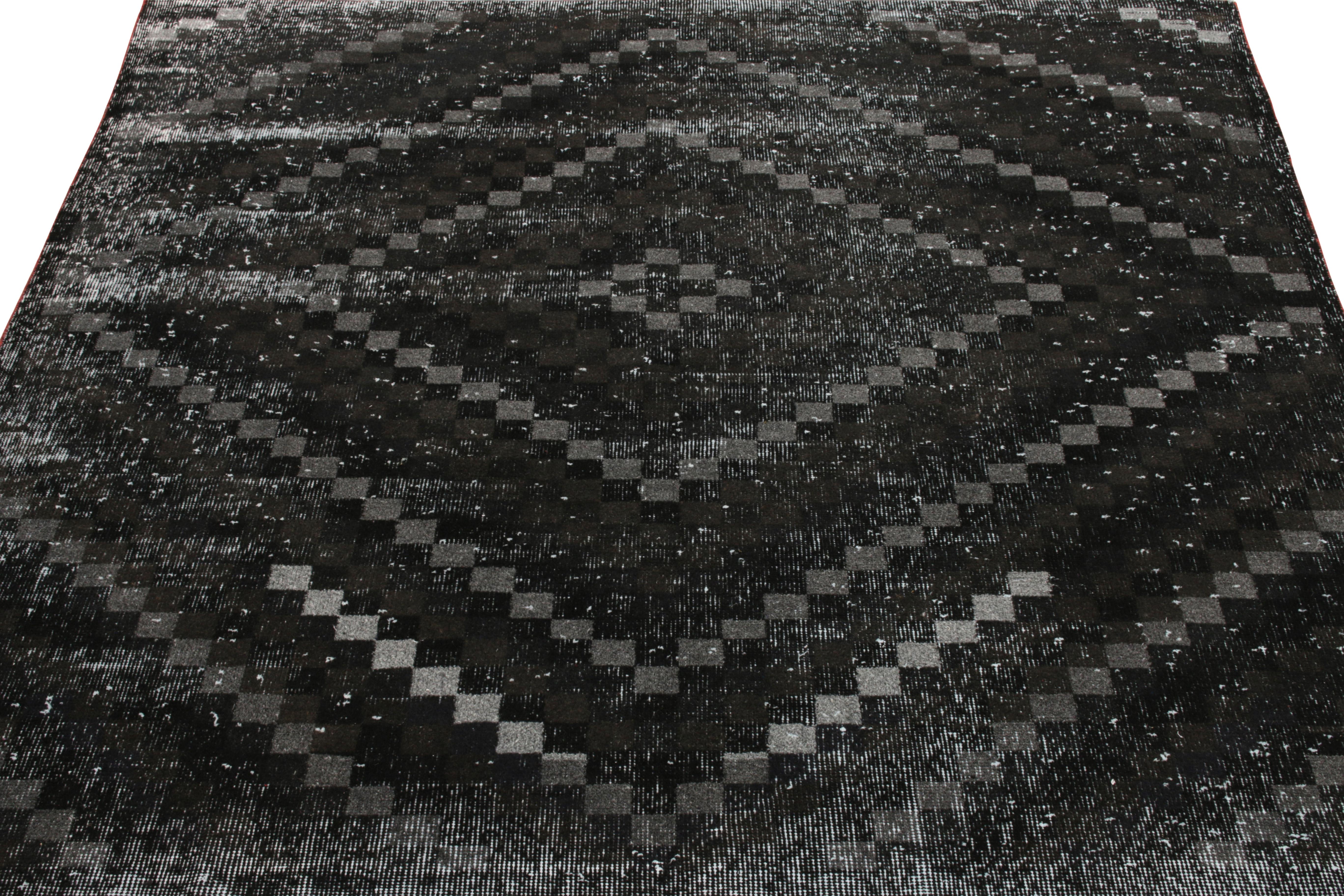 A square 6x6 vintage rug exemplifying Turkish Art Deco sensibilities, among the latest to join our Mid Century Pasha Collection. Coming from an acclaimed Turkish designer, this 1960s piece features a well defined diamond pattern in charcoal black &