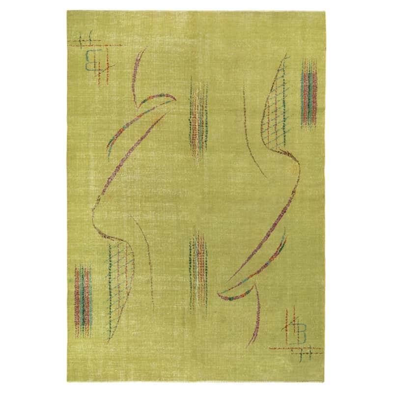 1960s Vintage Art Deco Rug, Distressed Green Geometric Pattern by Rug ...