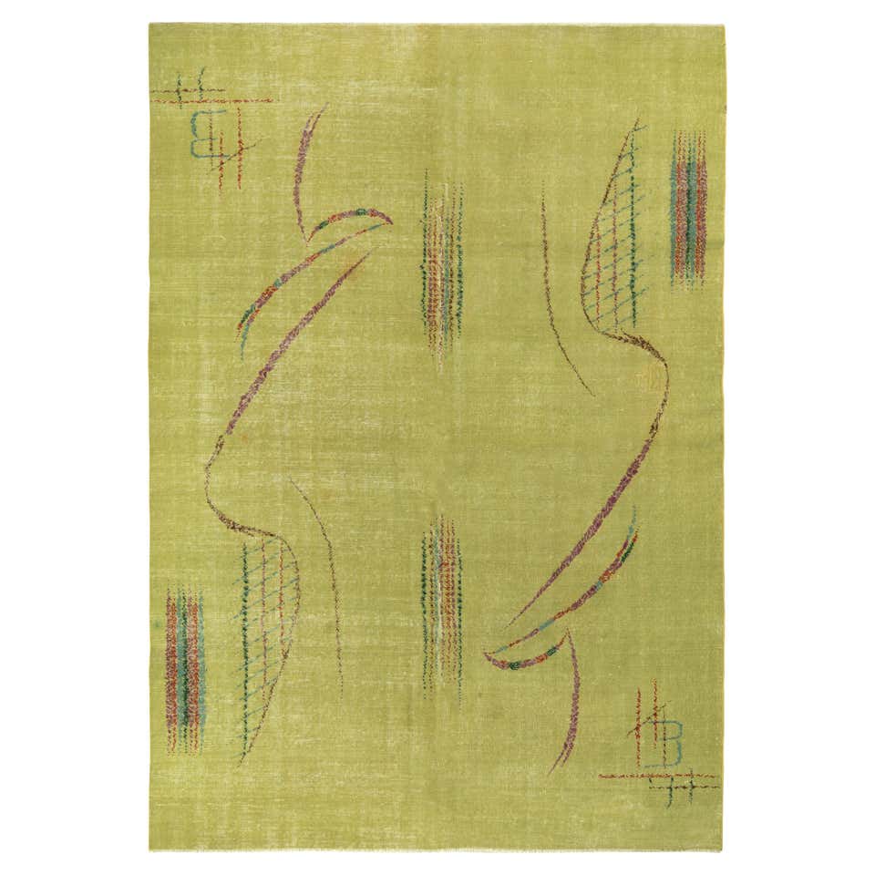 1960s Vintage Art Deco Rug, Distressed Green Geometric Pattern by Rug ...
