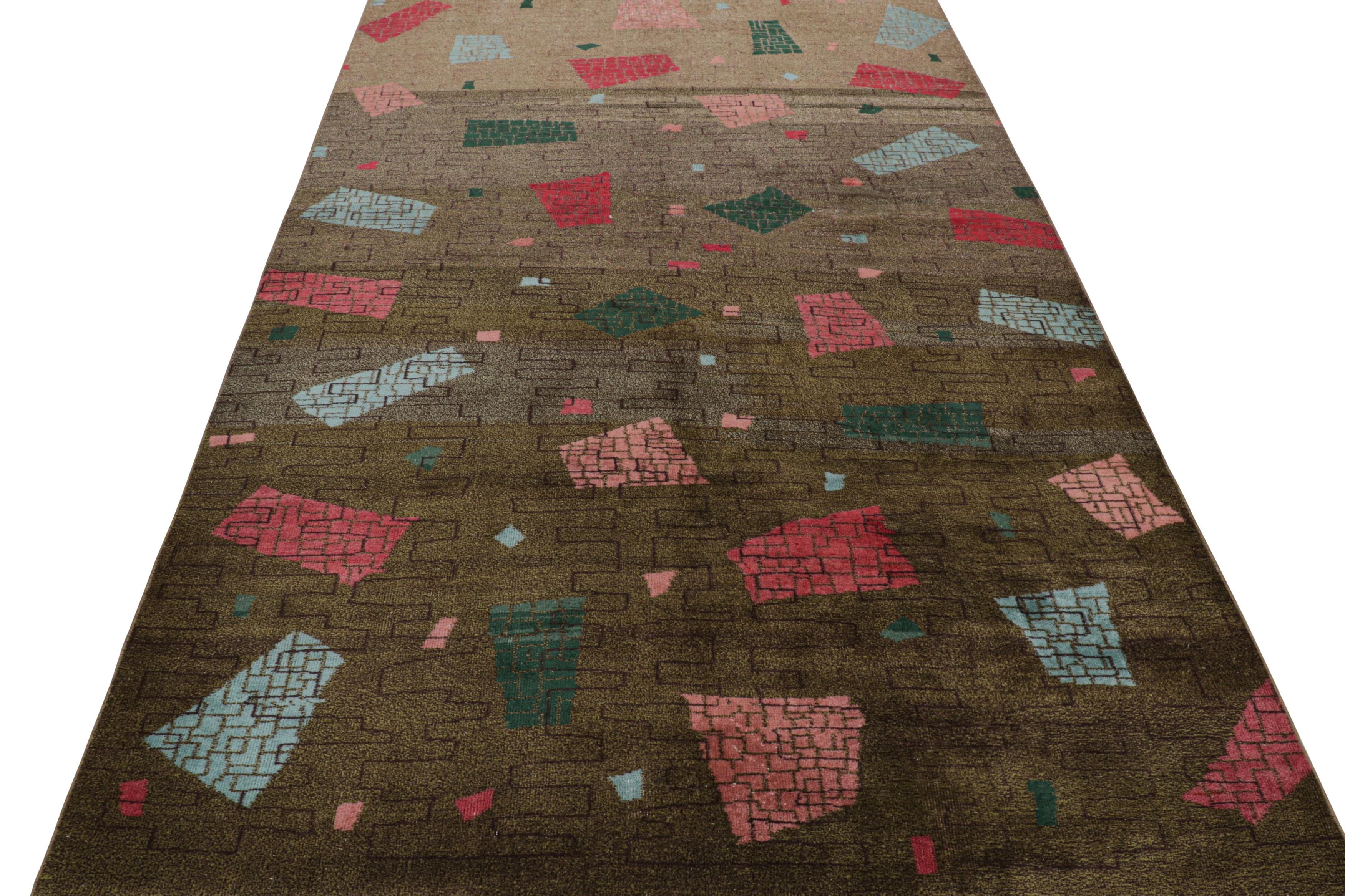 1960s Vintage Art Deco Rug in Green and Blue Geometric Pattern by Rug & Kilim In Good Condition For Sale In Long Island City, NY