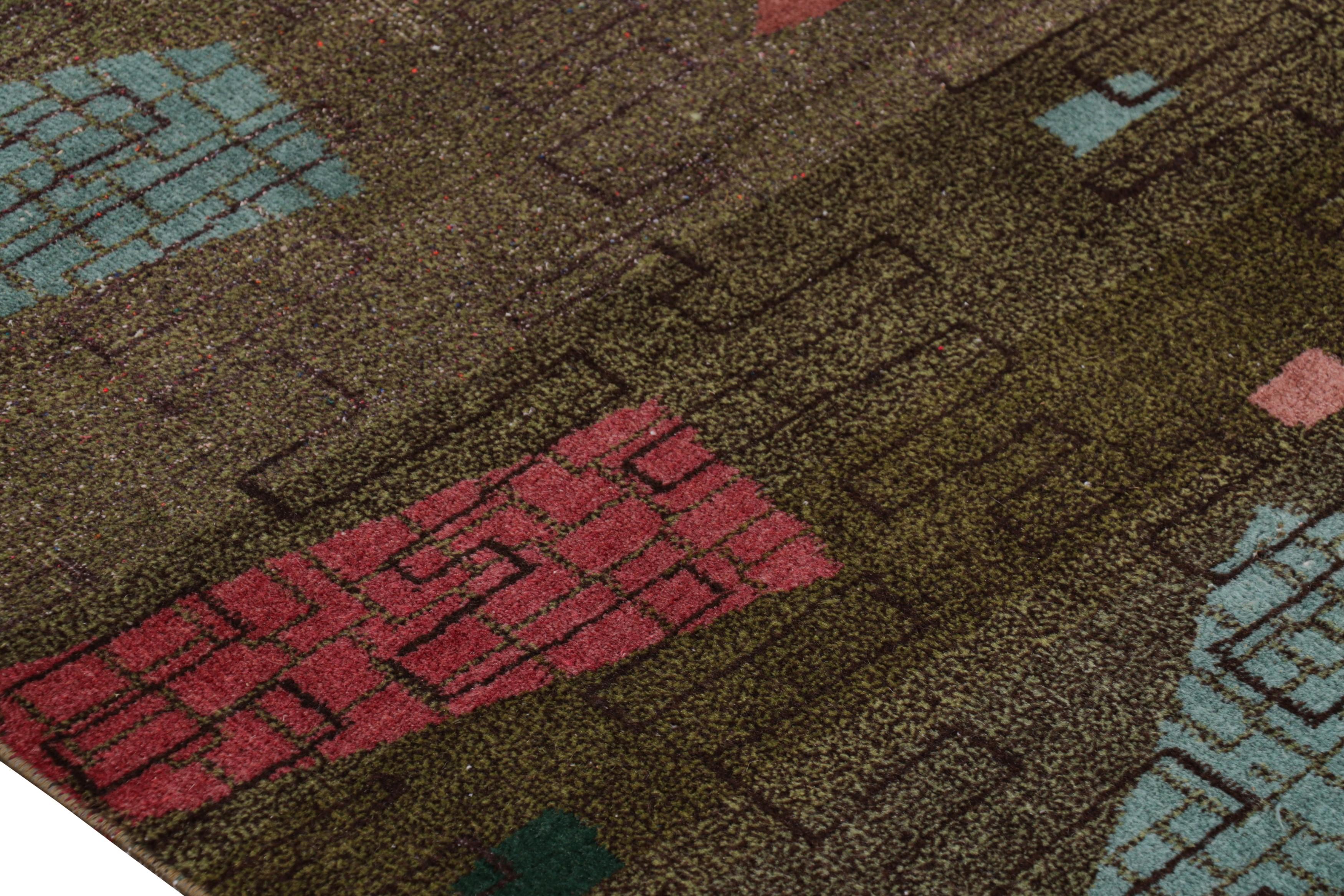 Mid-20th Century 1960s Vintage Art Deco Rug in Green and Blue Geometric Pattern by Rug & Kilim For Sale