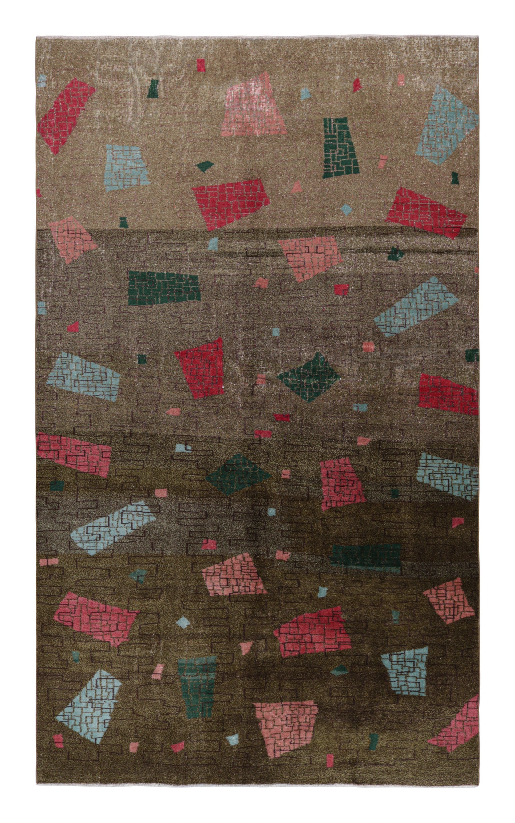 1960s Vintage Art Deco Rug in Green and Blue Geometric Pattern by Rug & Kilim For Sale