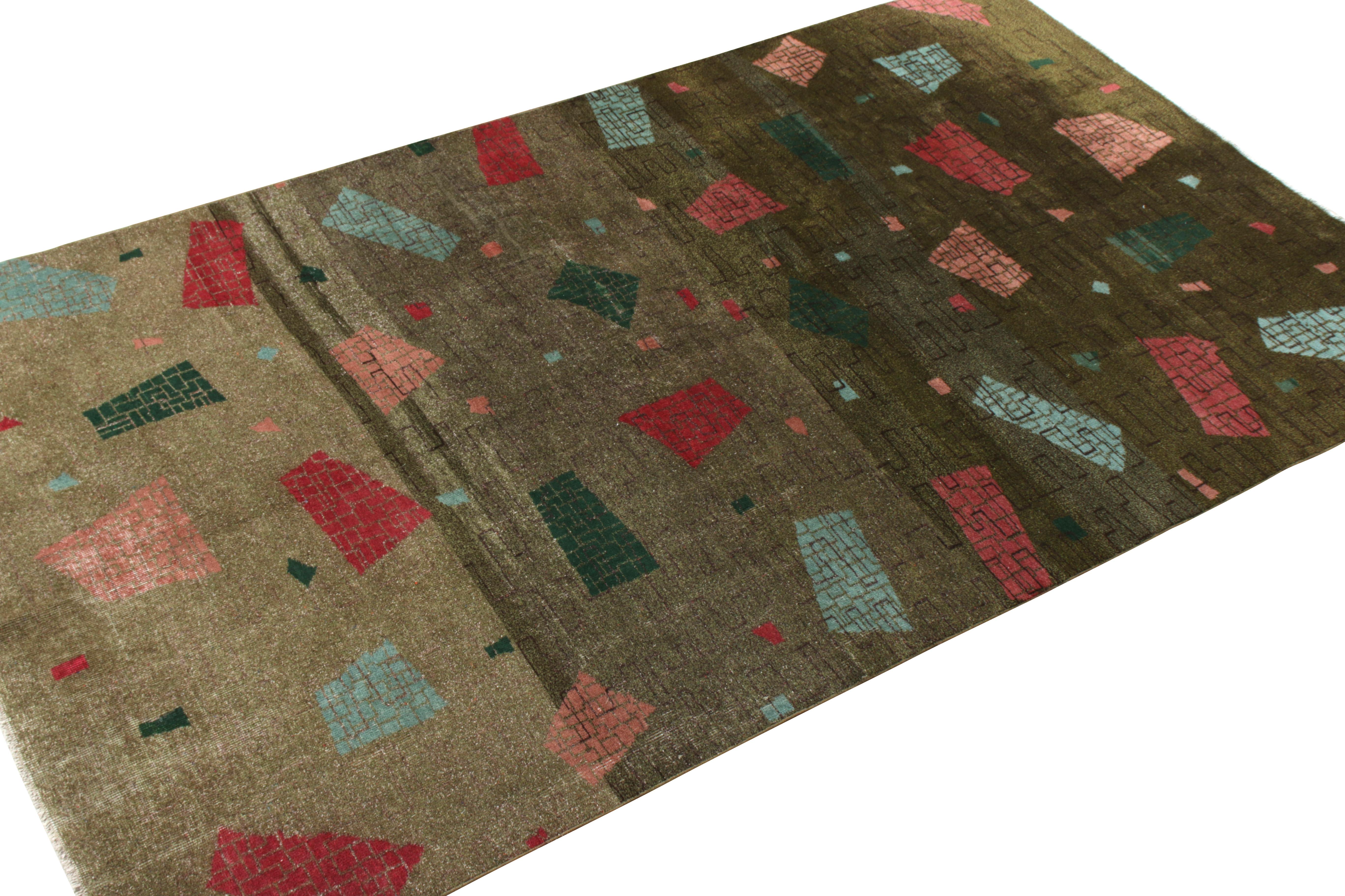 Turkish 1960s Vintage Art Deco Rug in Green and Blue Geometric Pattern by Rug & Kilim For Sale