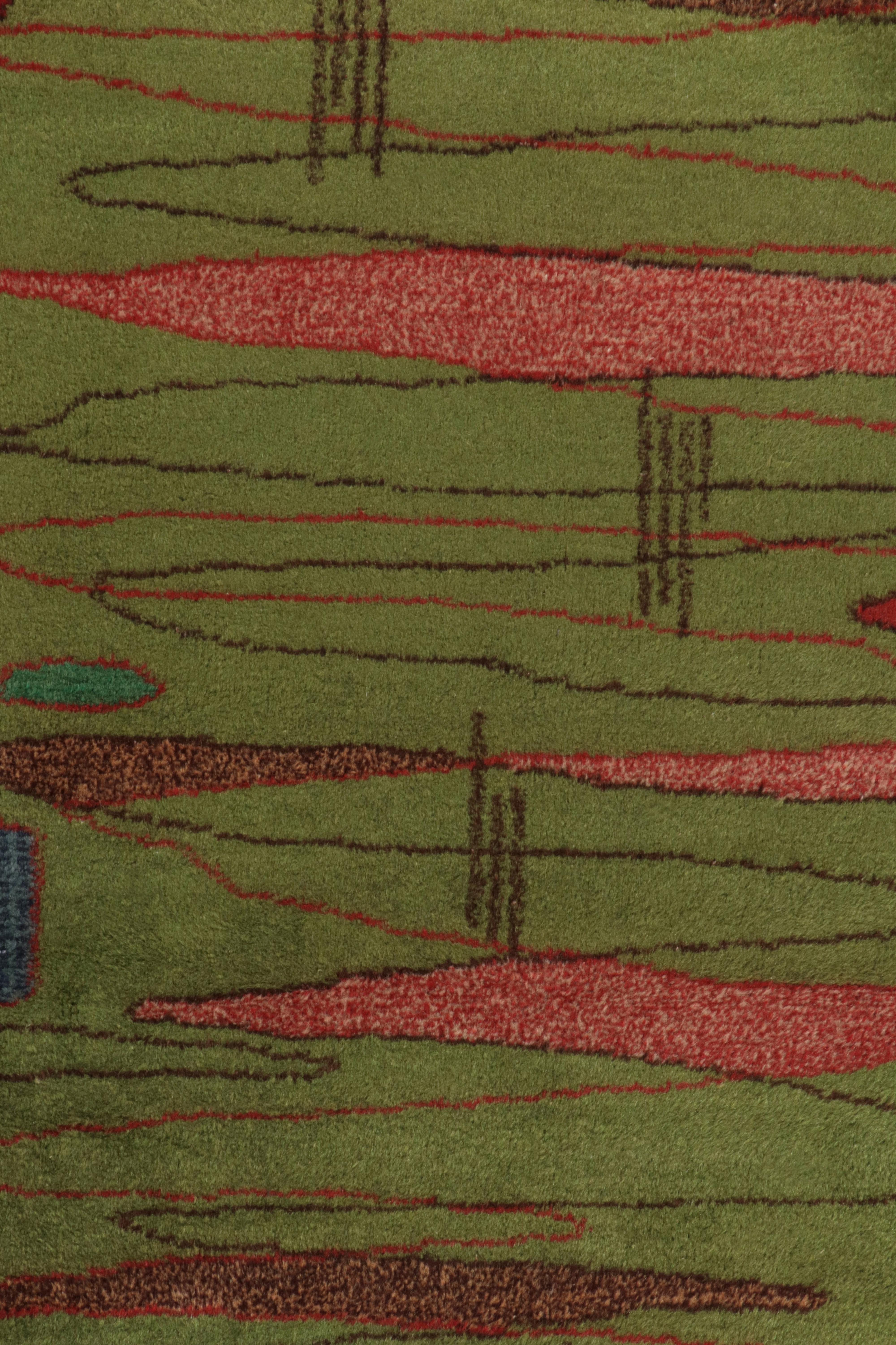 1960er Vintage Art Deco Teppich in Grün, Rosa, Braun Ovular Muster von Rug & Kilim (Handgeknüpft) im Angebot