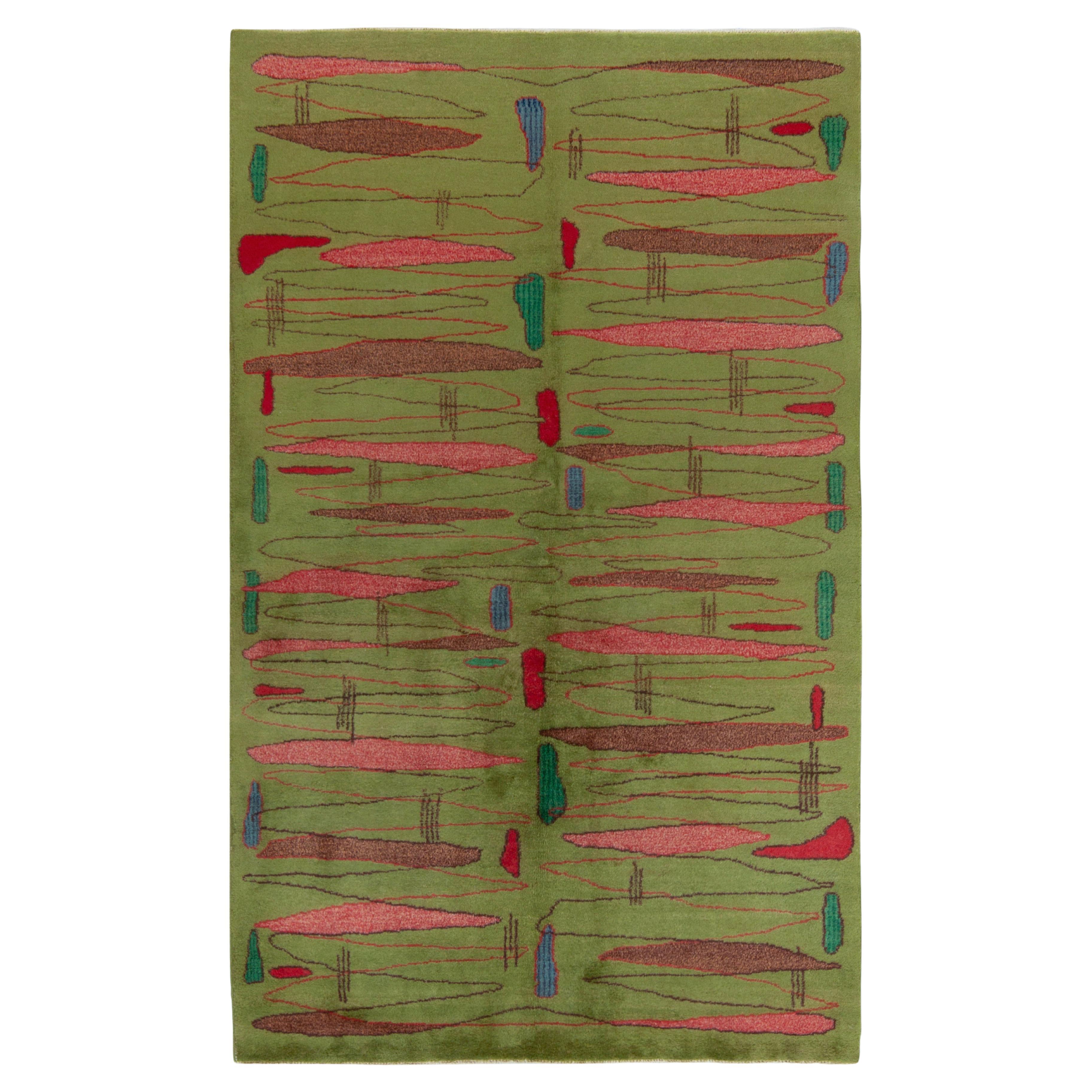 1960s Vintage Art Deco Rug in Green, Pink, Brown Ovular Pattern by Rug & Kilim