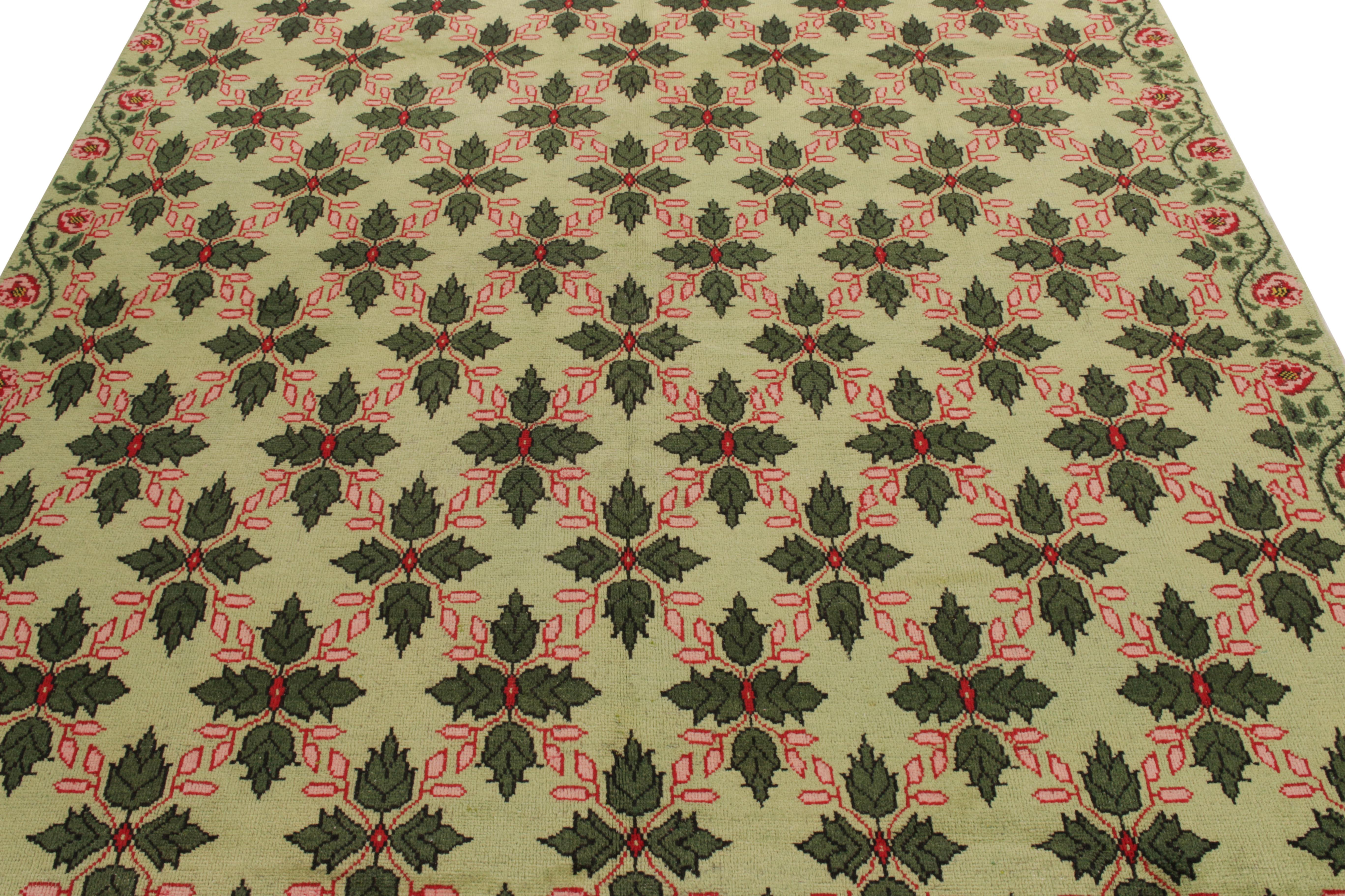 Indian 1960s Vintage Art Deco Rug in Green, Pink-Red Floral Pattern by Rug & Kilim For Sale