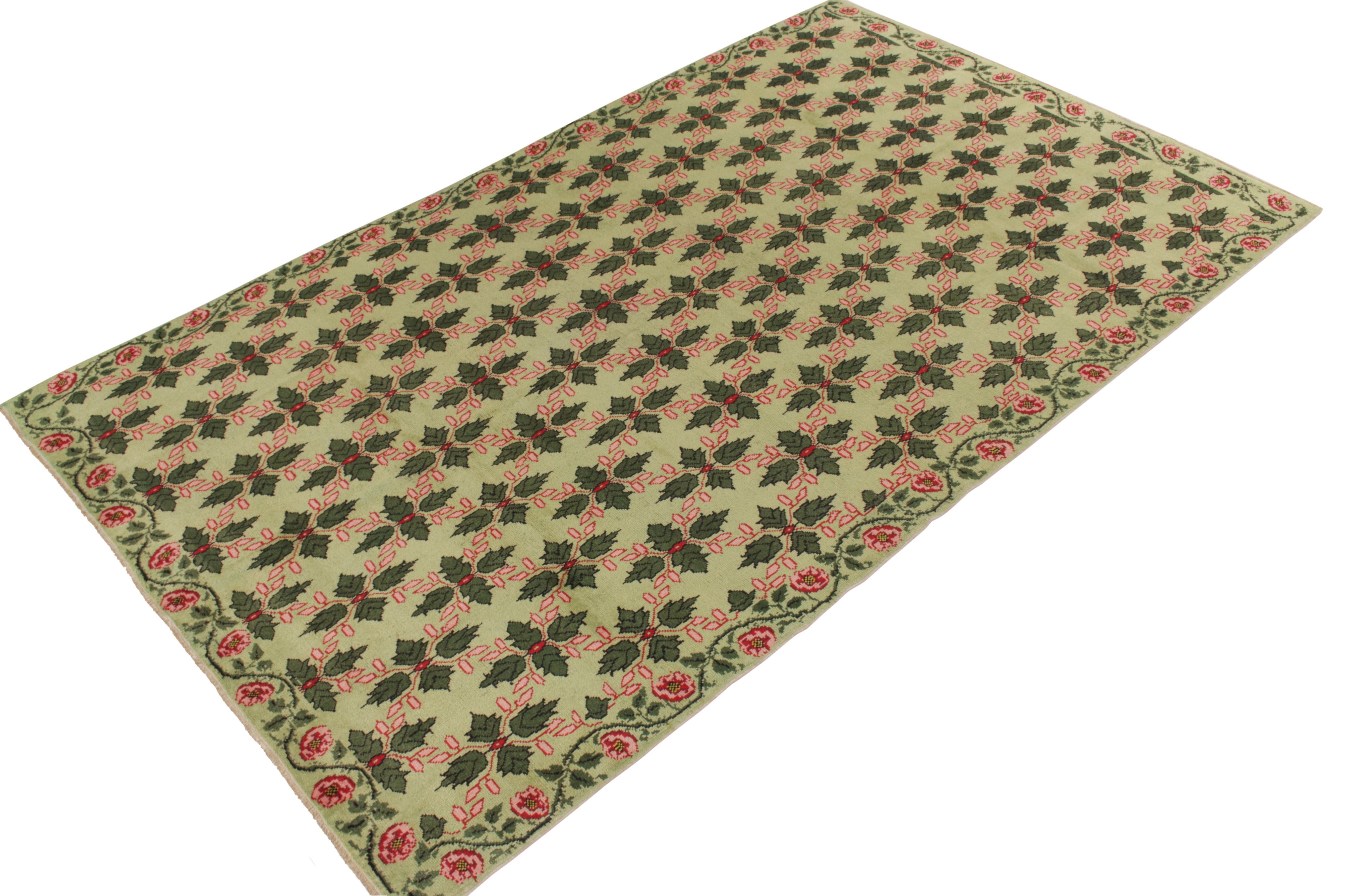 Hand-Knotted 1960s Vintage Art Deco Rug in Green, Pink-Red Floral Pattern by Rug & Kilim For Sale