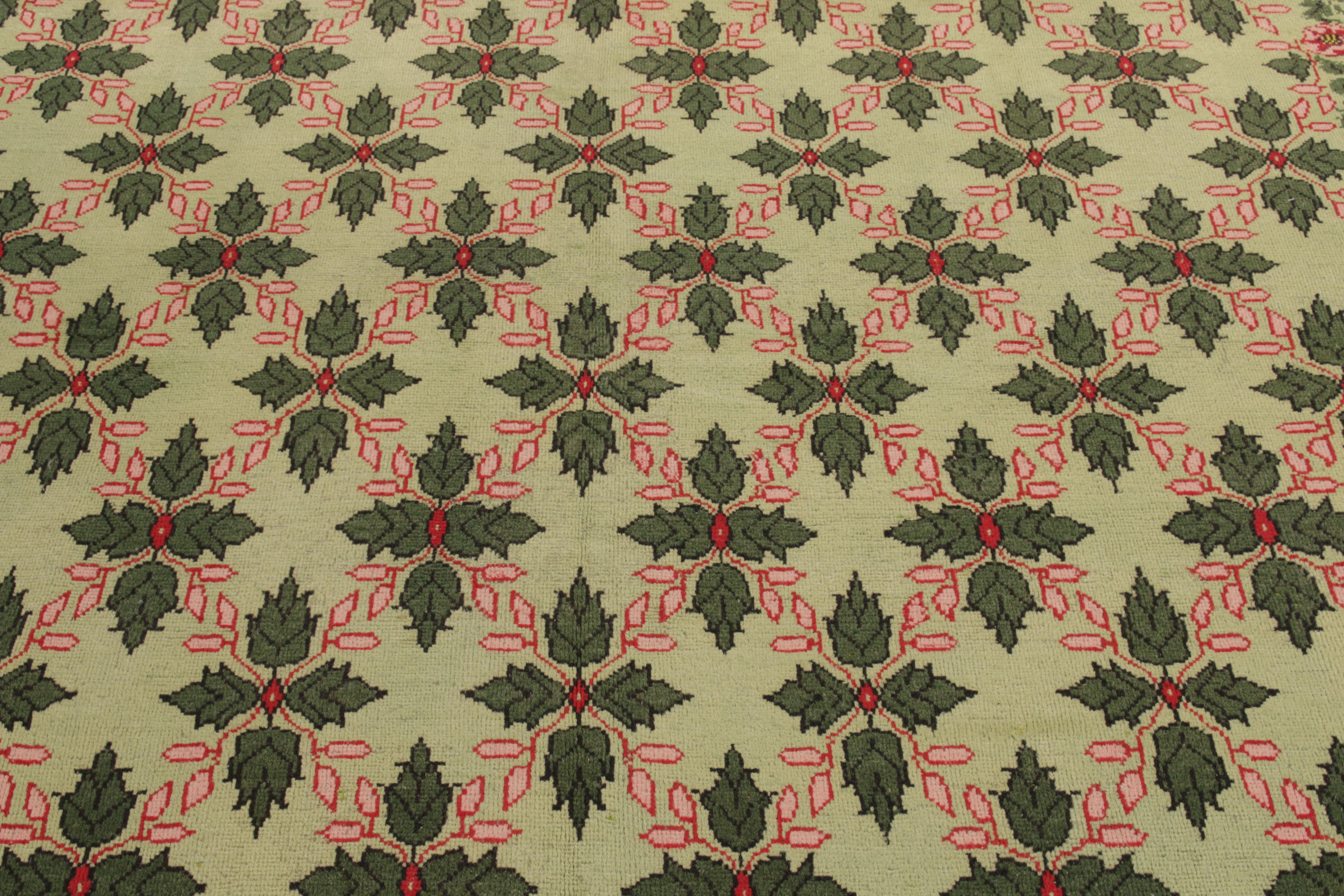 1960s Vintage Art Deco Rug in Green, Pink-Red Floral Pattern by Rug & Kilim In Good Condition For Sale In Long Island City, NY
