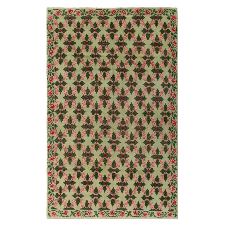 1960s Vintage Art Deco Rug in Green, Pink-Red Floral Pattern by Rug and ...