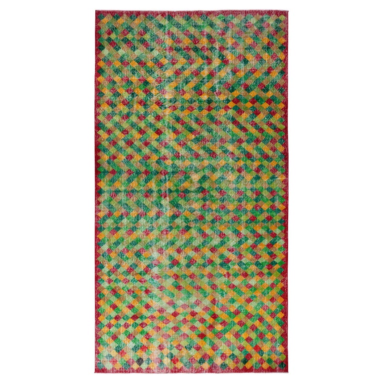1960s Vintage Art Deco Rug in Green Yellow, Red Geometric Pattern by ...