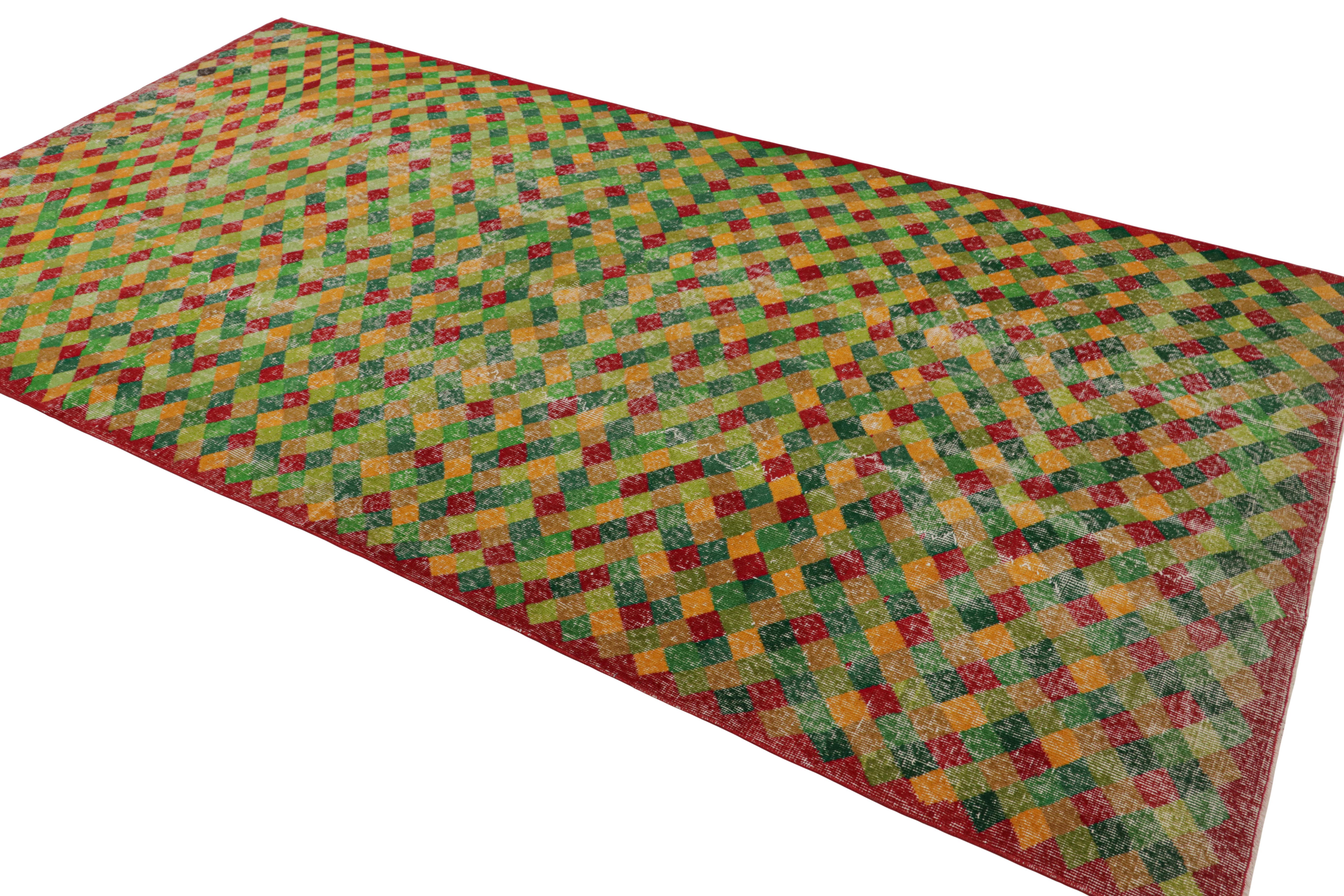 Turkish 1960s Vintage Art Deco Rug in Green Yellow, Red Geometric Pattern by Rug & Kilim For Sale