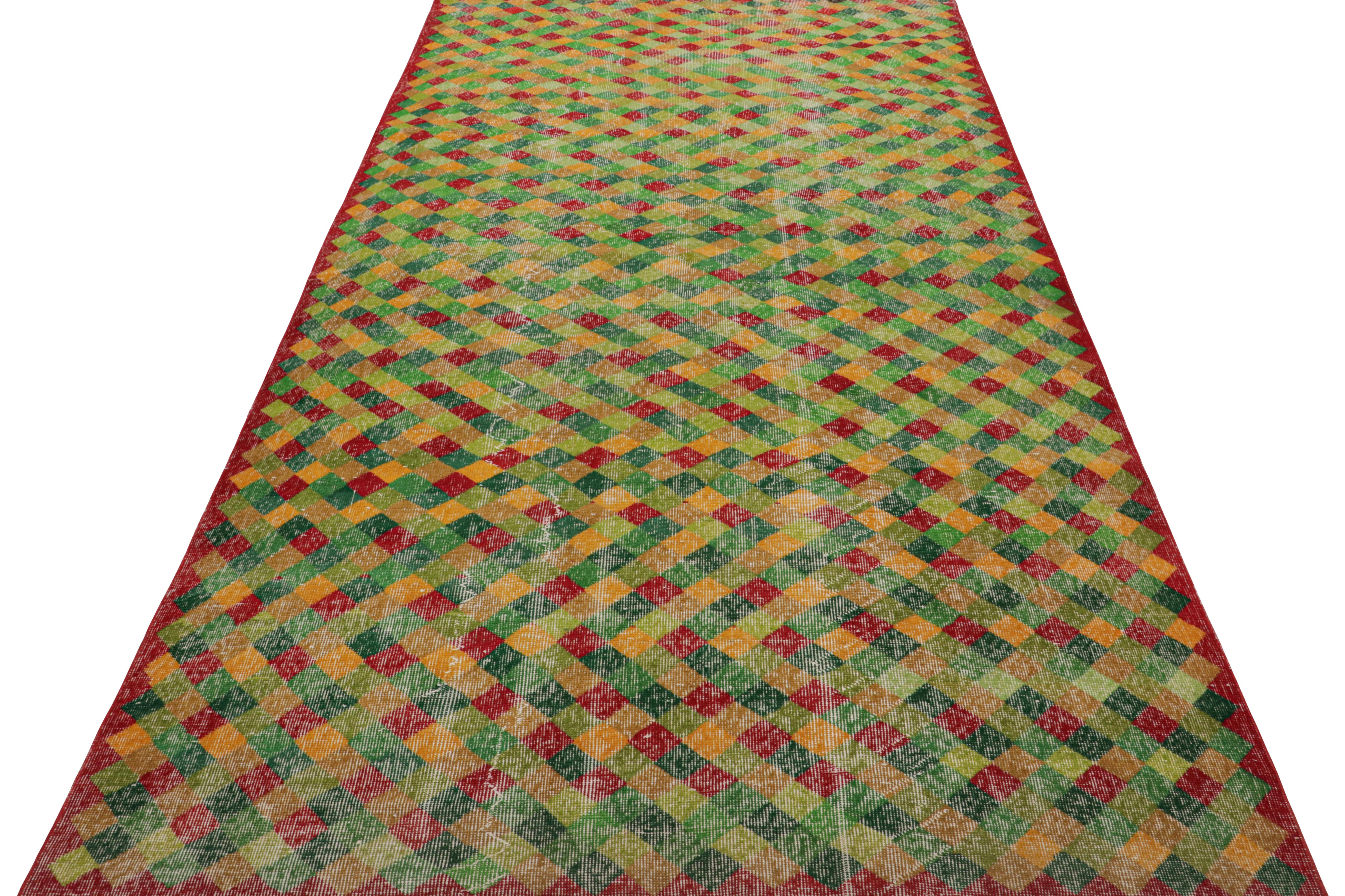 Hand-Knotted 1960s Vintage Art Deco Rug in Green Yellow, Red Geometric Pattern by Rug & Kilim For Sale