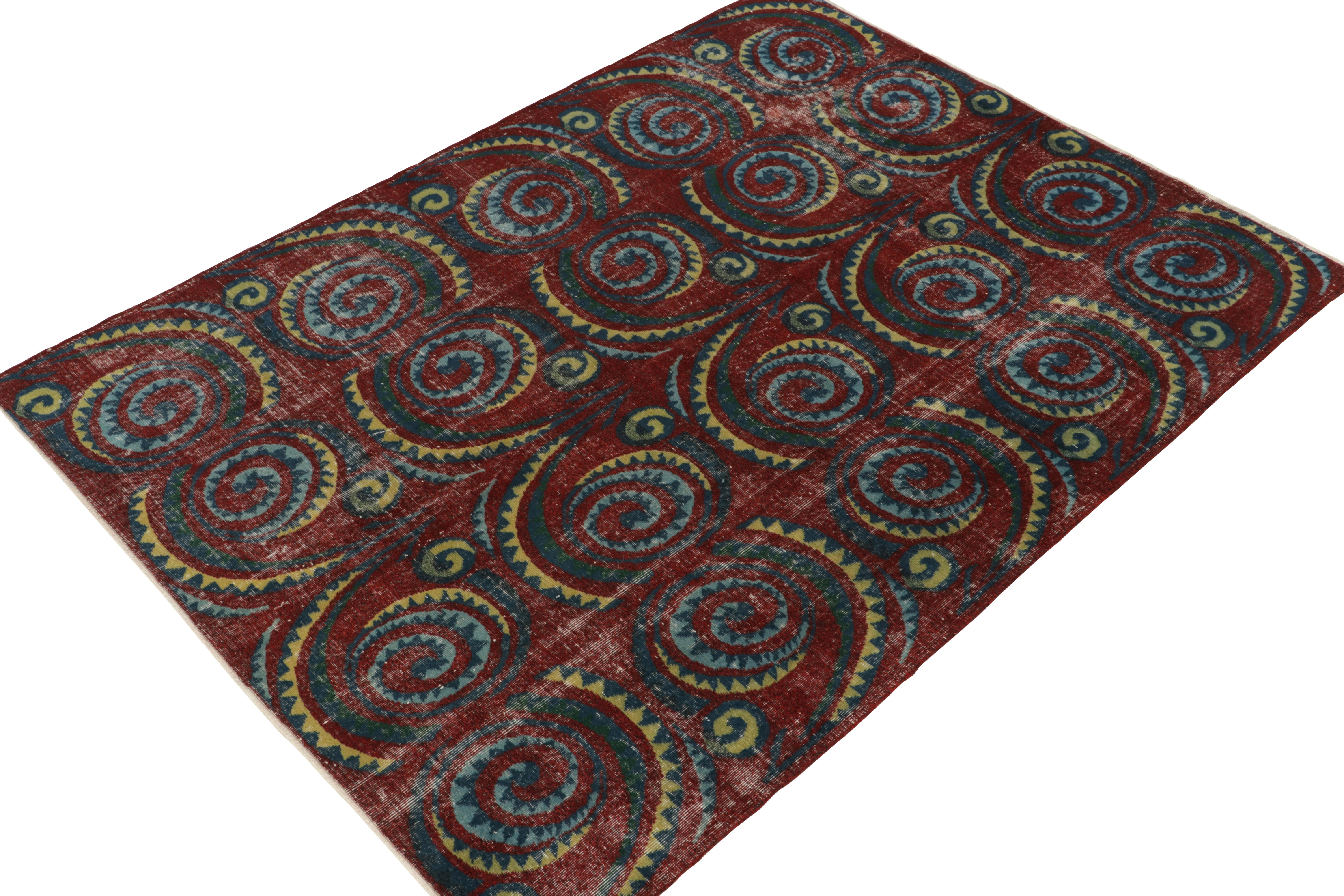 Turkish 1960s Vintage Art Deco Rug in Red Blue & Green Geometric Pattern, by Rug & Kilim For Sale