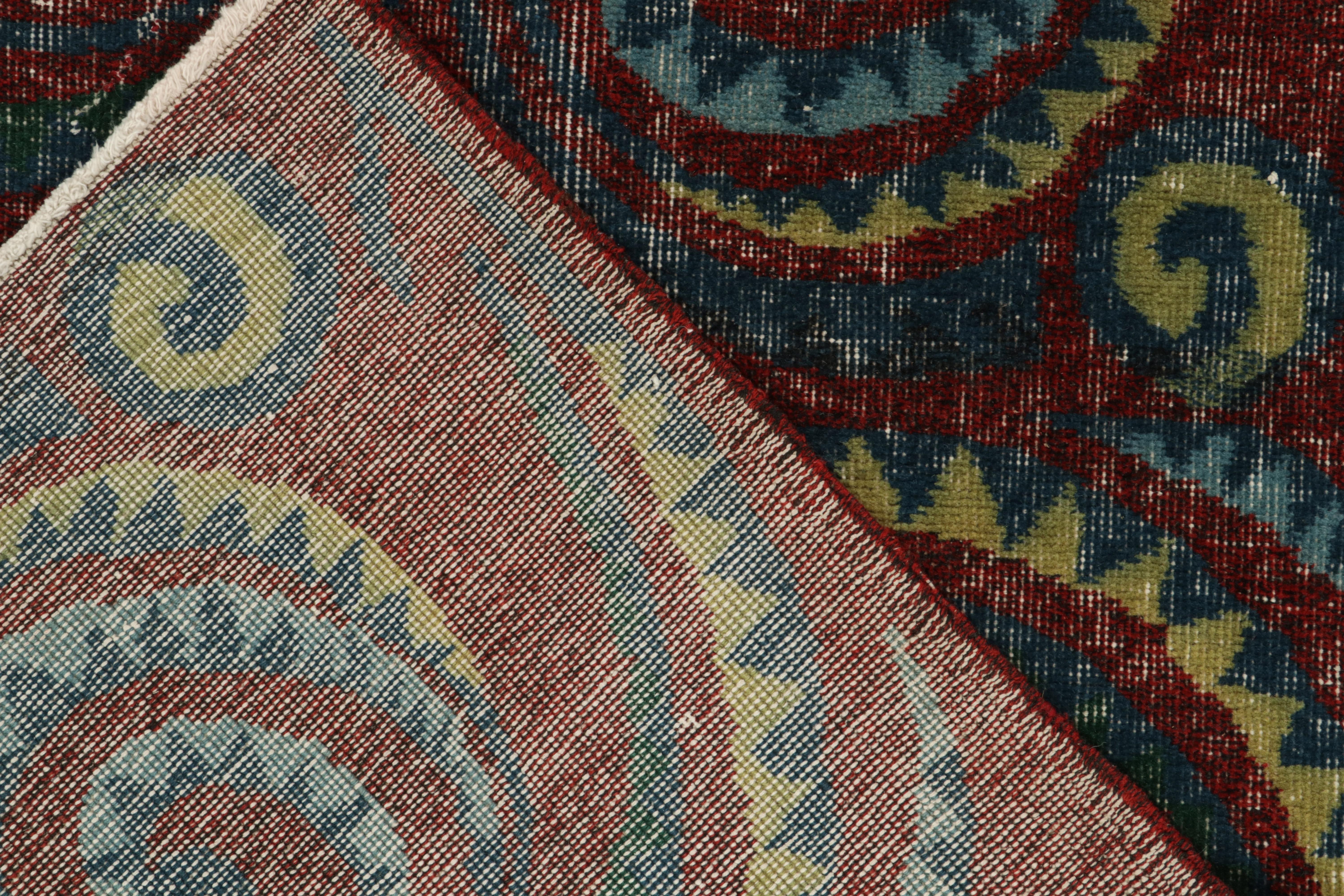 Wool 1960s Vintage Art Deco Rug in Red Blue & Green Geometric Pattern, by Rug & Kilim For Sale