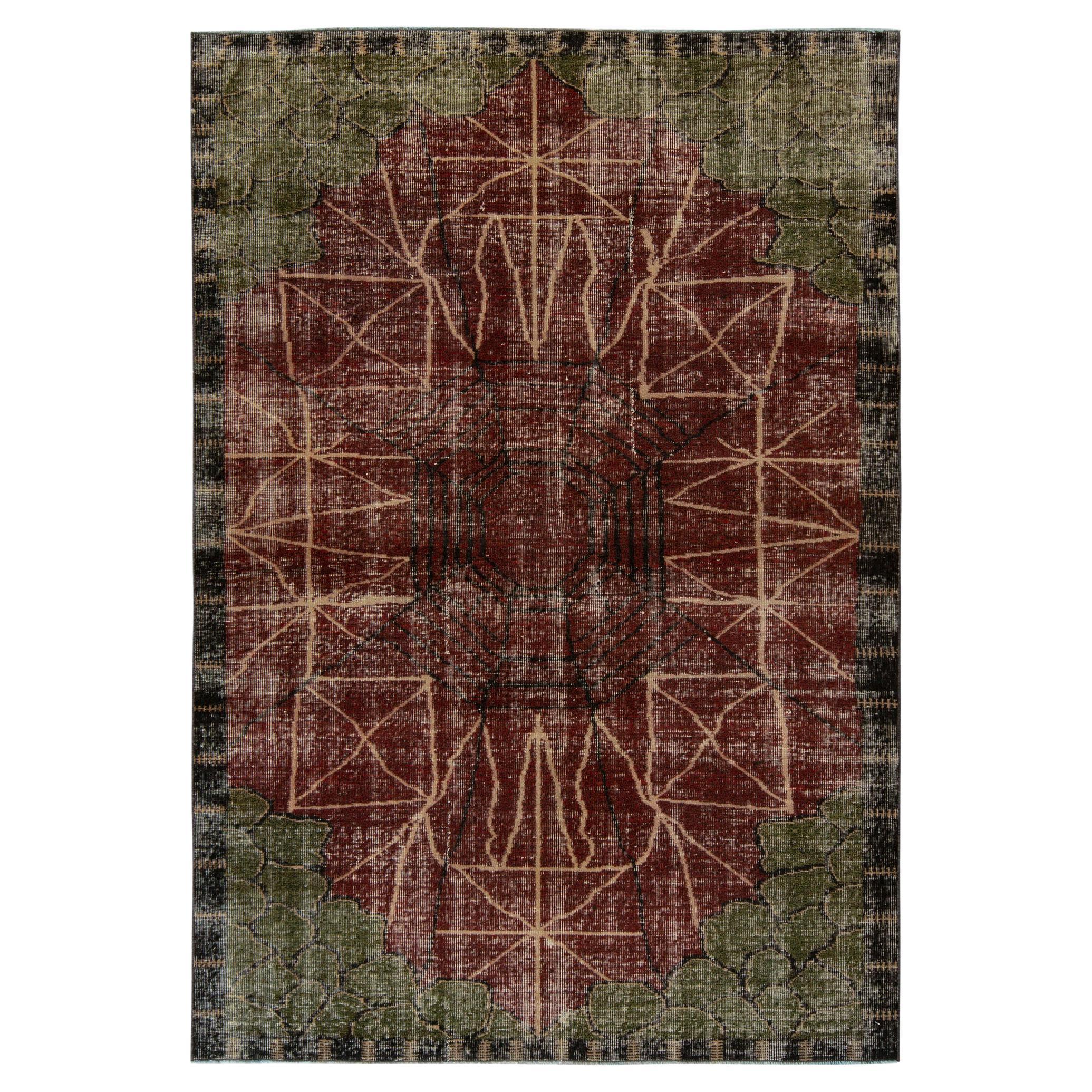 1960s Vintage Art Deco Rug in Red Distressed Geometric Pattern by Rug & Kilim For Sale