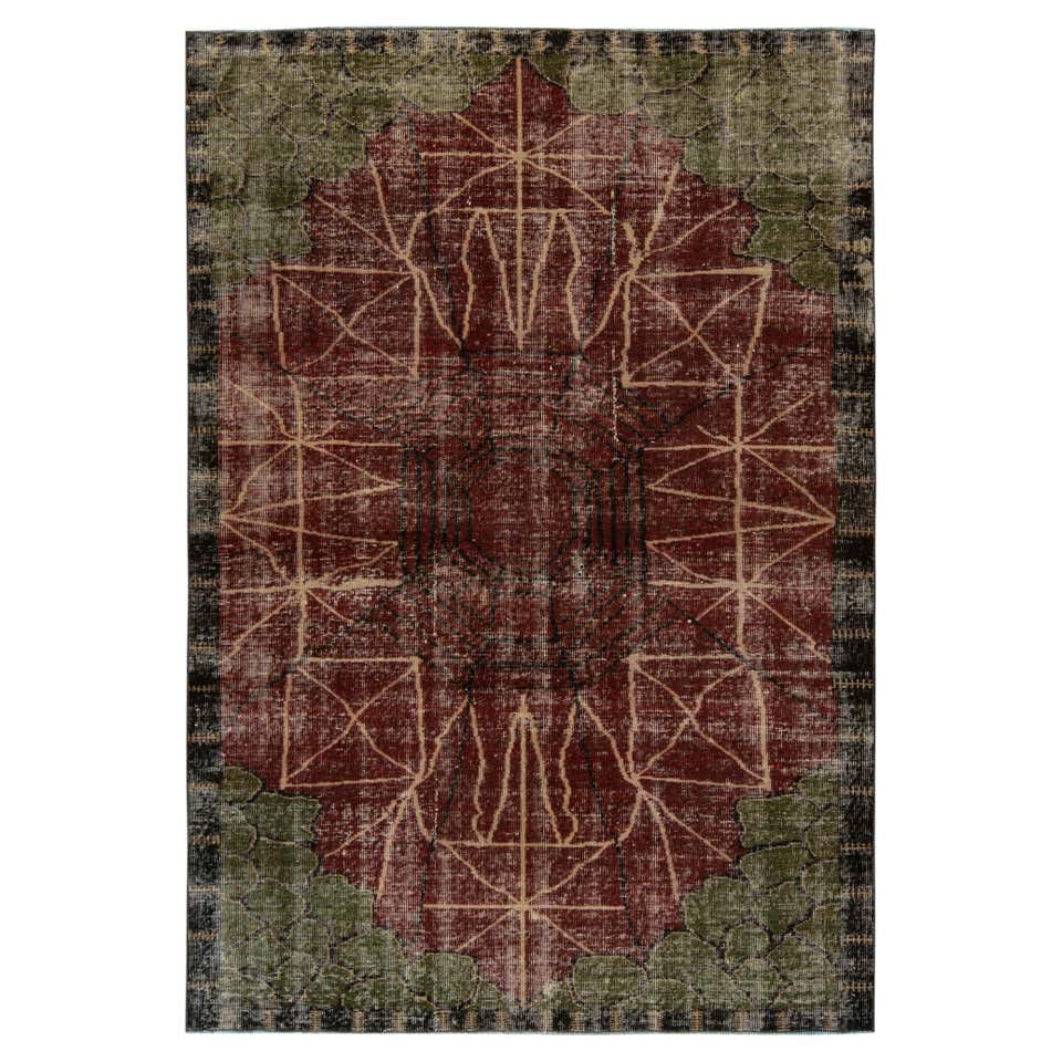 1960s Vintage Art Deco Rug in Red Distressed Geometric Pattern by Rug ...