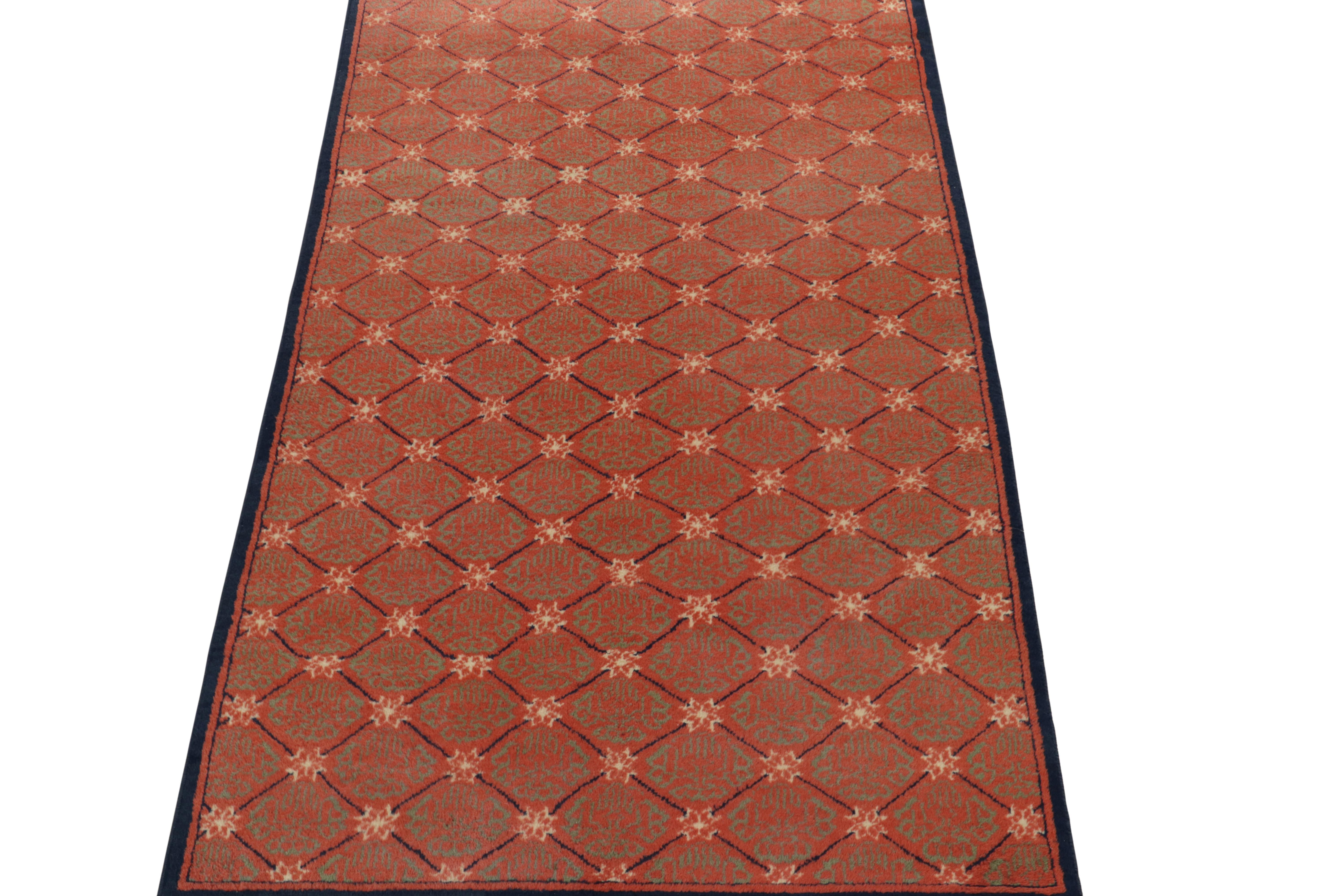 A 4x6 vintage rug exemplifying unique Turkish Art Deco sensibilities, among the latest to join our Mid Century Pasha Collection. 

Coming from an acclaimed Turkish designer, this 1960s piece makes a subdued take on Art Deco style with muted green