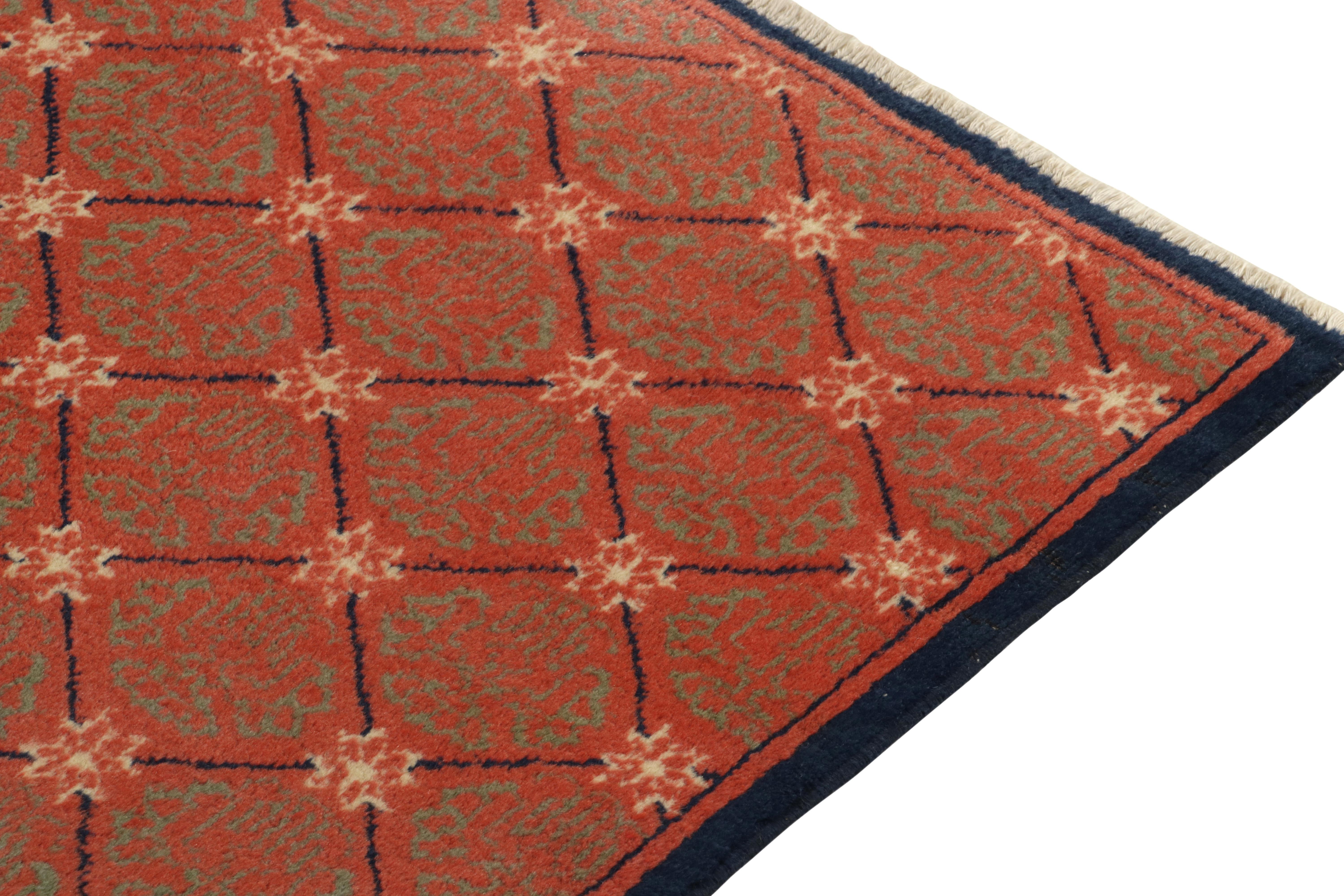1960s Vintage Art Deco Rug in Red, Green Patterns and Blue Border by Rug & Kilim In Good Condition For Sale In Long Island City, NY