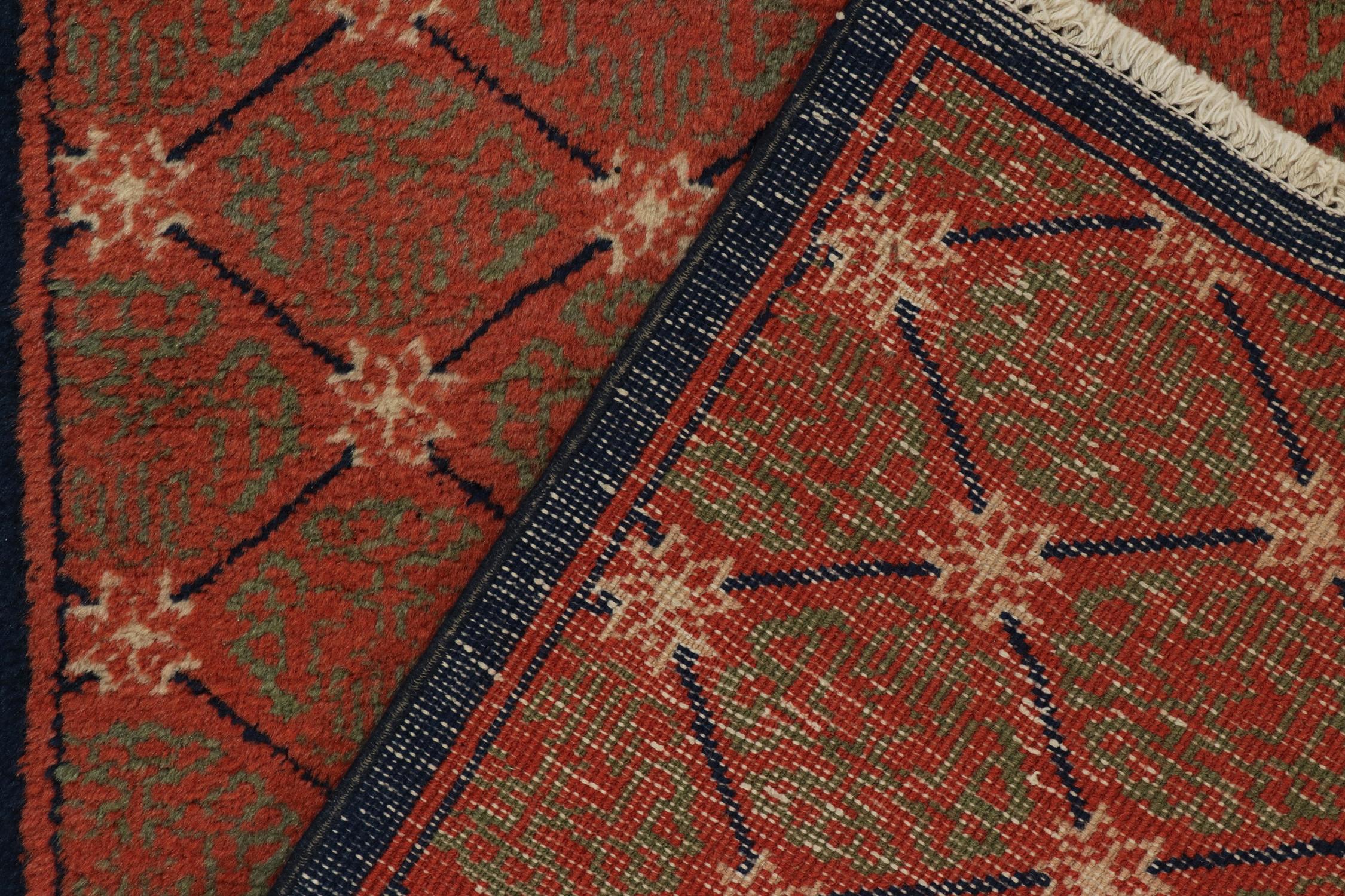Wool 1960s Vintage Art Deco Rug in Red, Green Patterns and Blue Border by Rug & Kilim For Sale