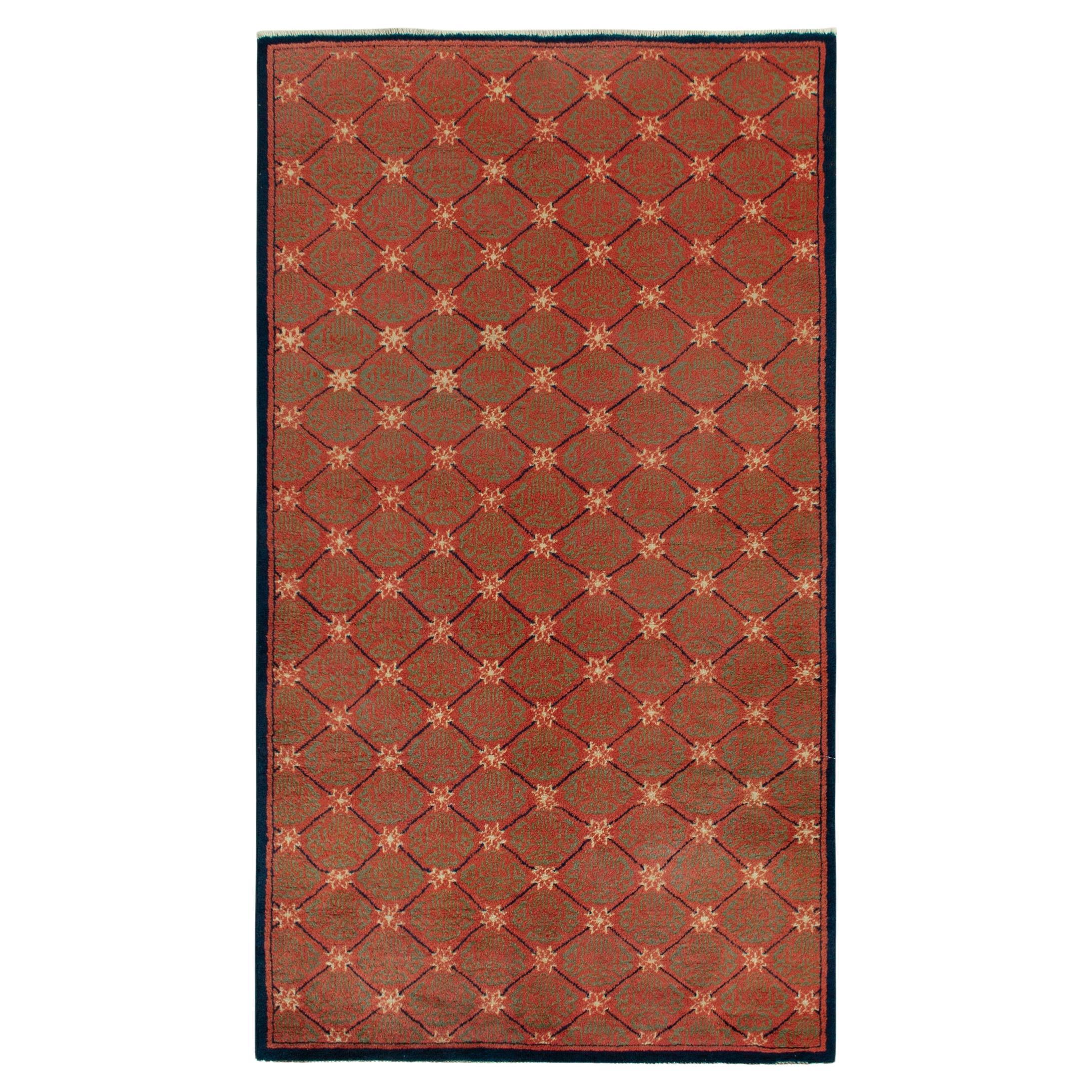 1960s Vintage Art Deco Rug in Red, Green Patterns and Blue Border by Rug & Kilim For Sale