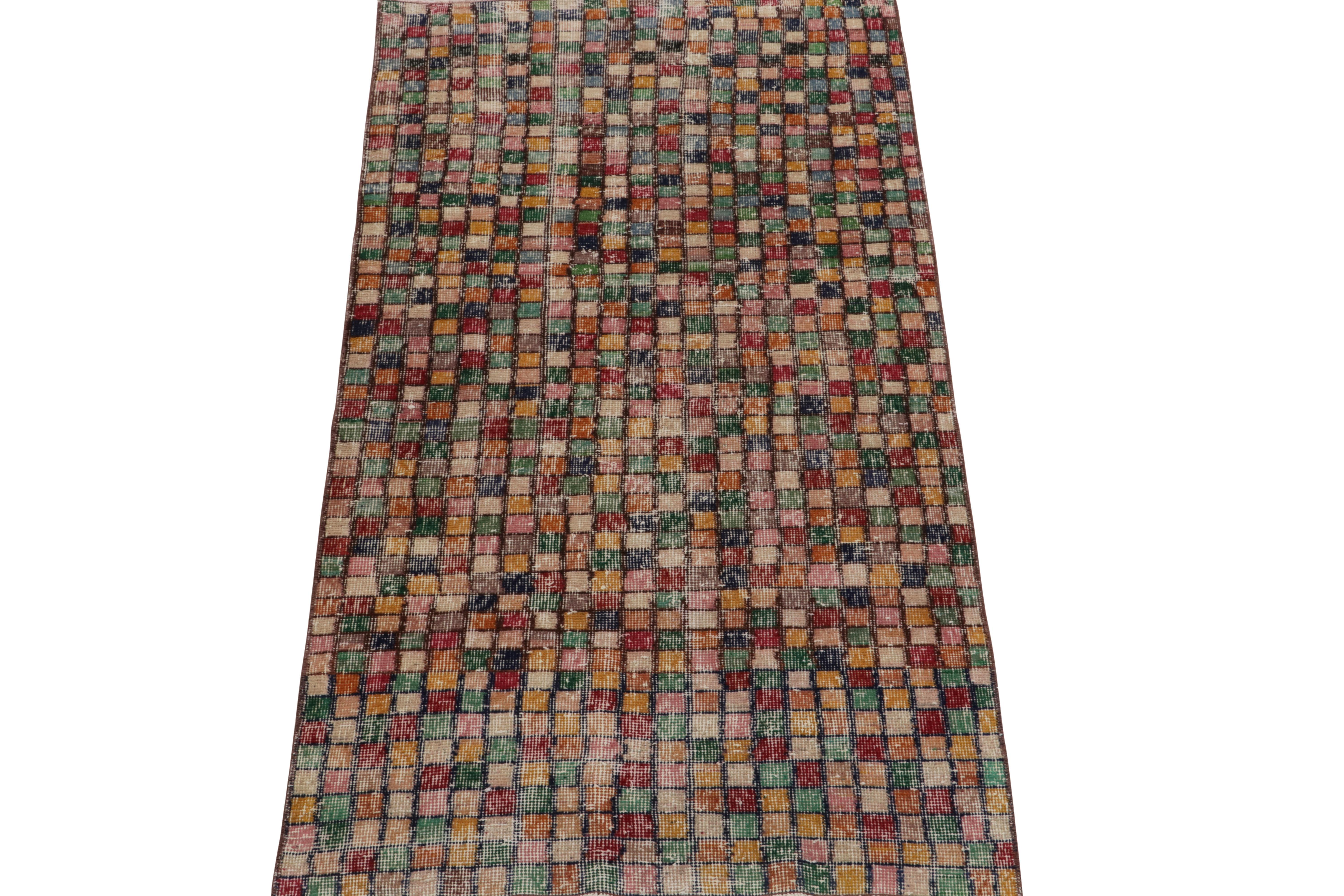 A 3x6 vintage runner exemplifying Turkish art deco sensibilities, among the latest to join our Mid-Century Pasha Collection. 

From the works of a coveted Turkish designer, this 1960s piece features a meticulous play of color and geometric pattern