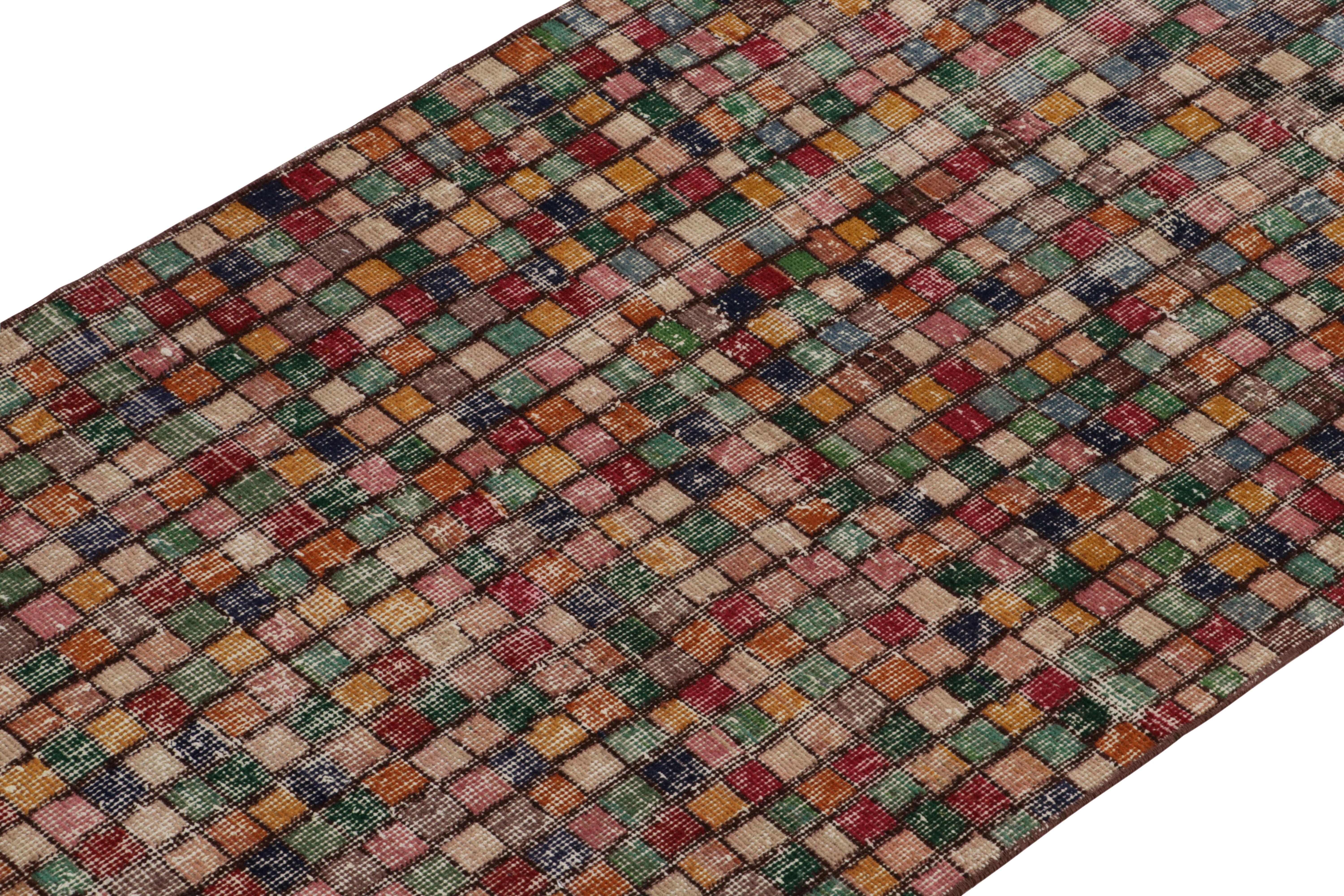 Hand-Knotted 1960s Vintage Art Deco Runner in Multicolor Geometric Pattern by Rug & Kilim For Sale
