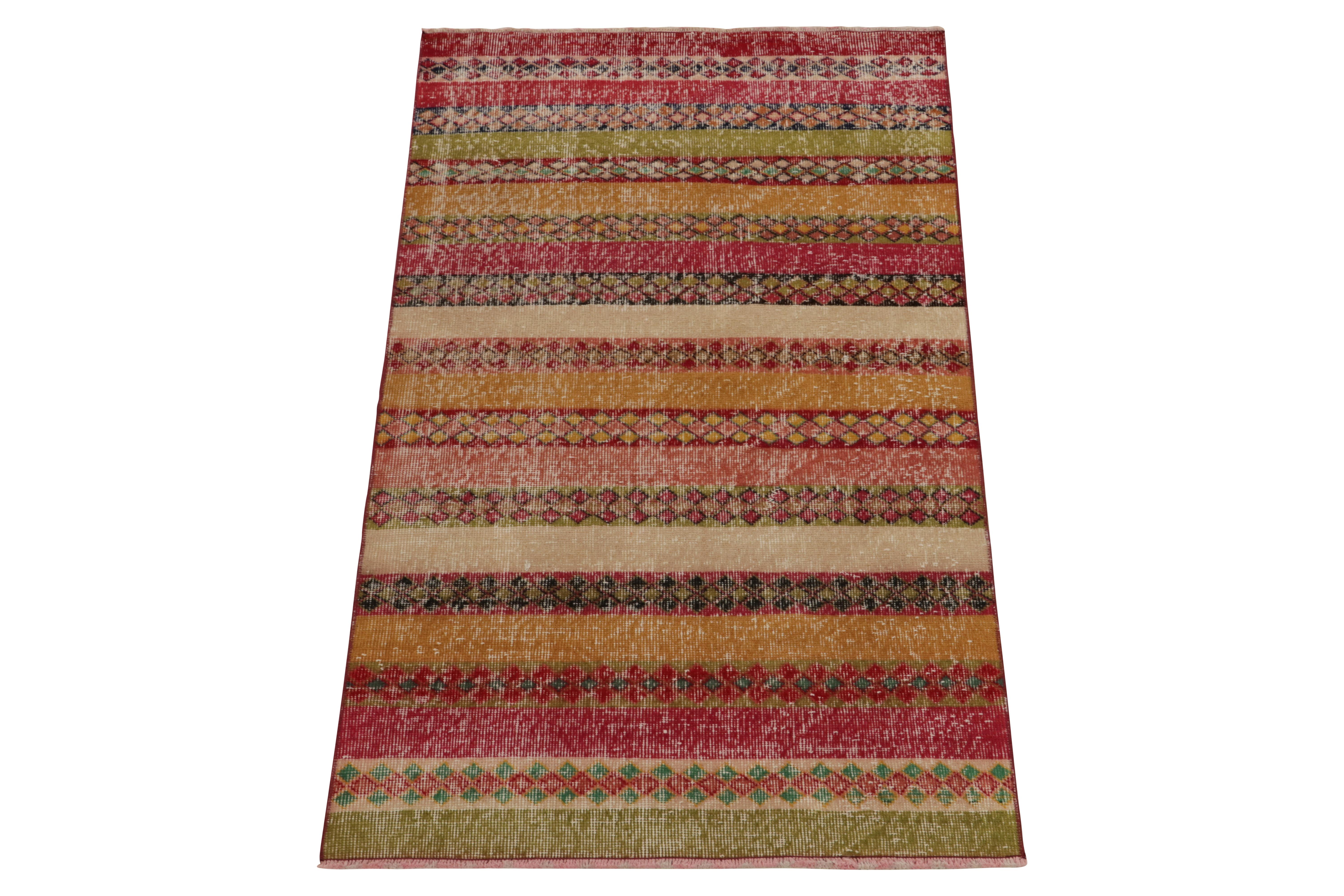 Hand-knotted in wool originating from Turkey circa 1960-1970, this vintage 3 x 6 Deco runner belongs to Rug & Kilim’s expansive Mid-Century Pasha collection. A celebration of works believed to hail from a bold Turkish atelier from this