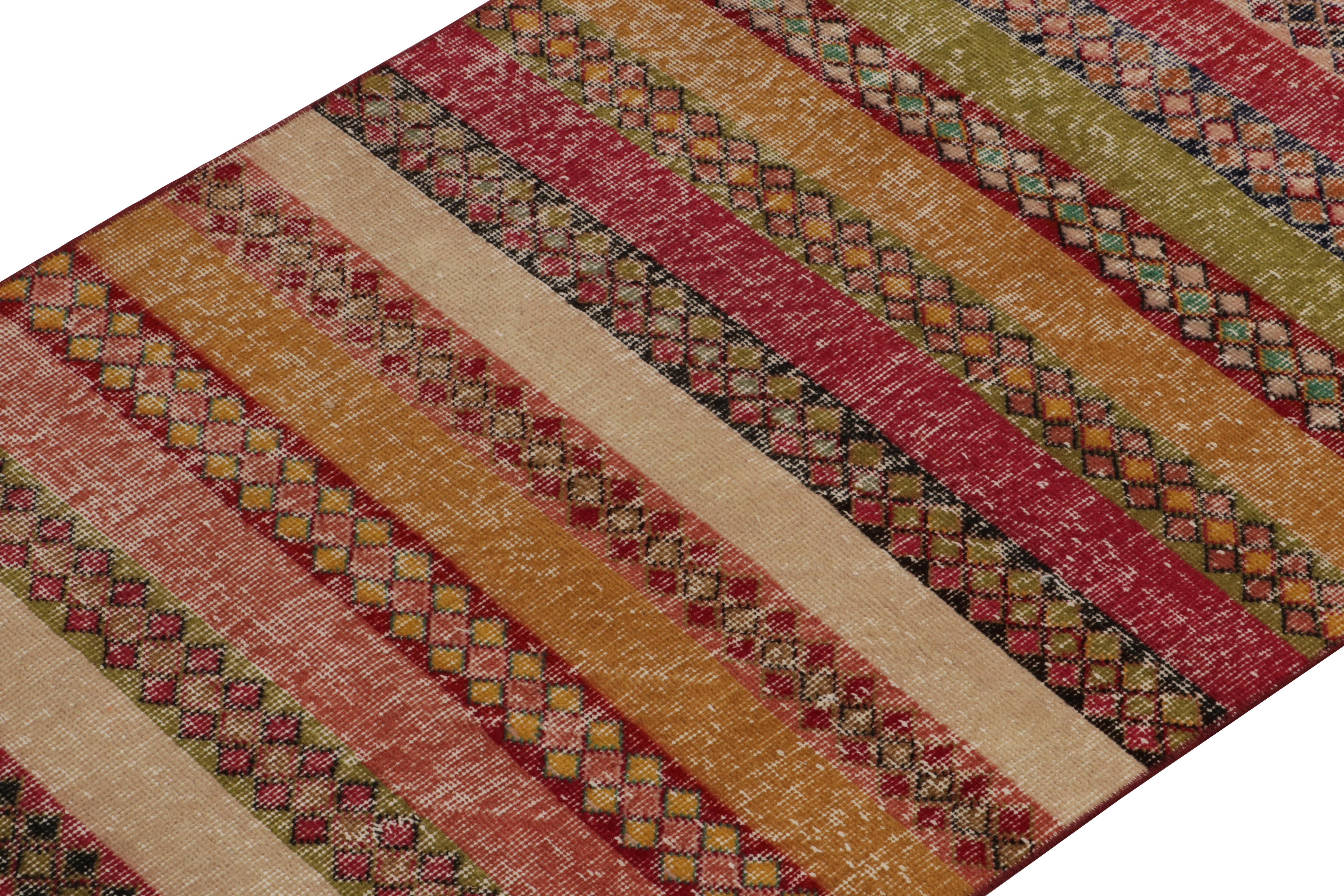 Hand-Knotted 1960s Vintage Art Deco Runner in Multicolor Stripes and Patterns by Rug & Kilim For Sale