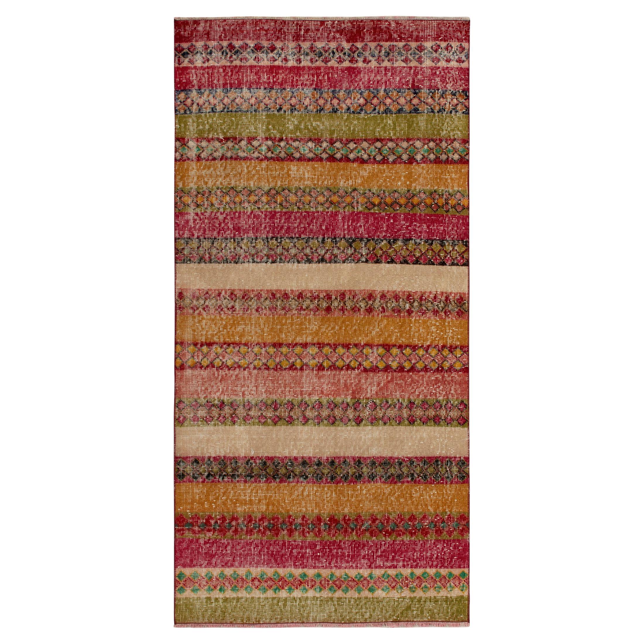 1960s Vintage Art Deco Runner in Multicolor Stripes and Patterns by Rug & Kilim For Sale