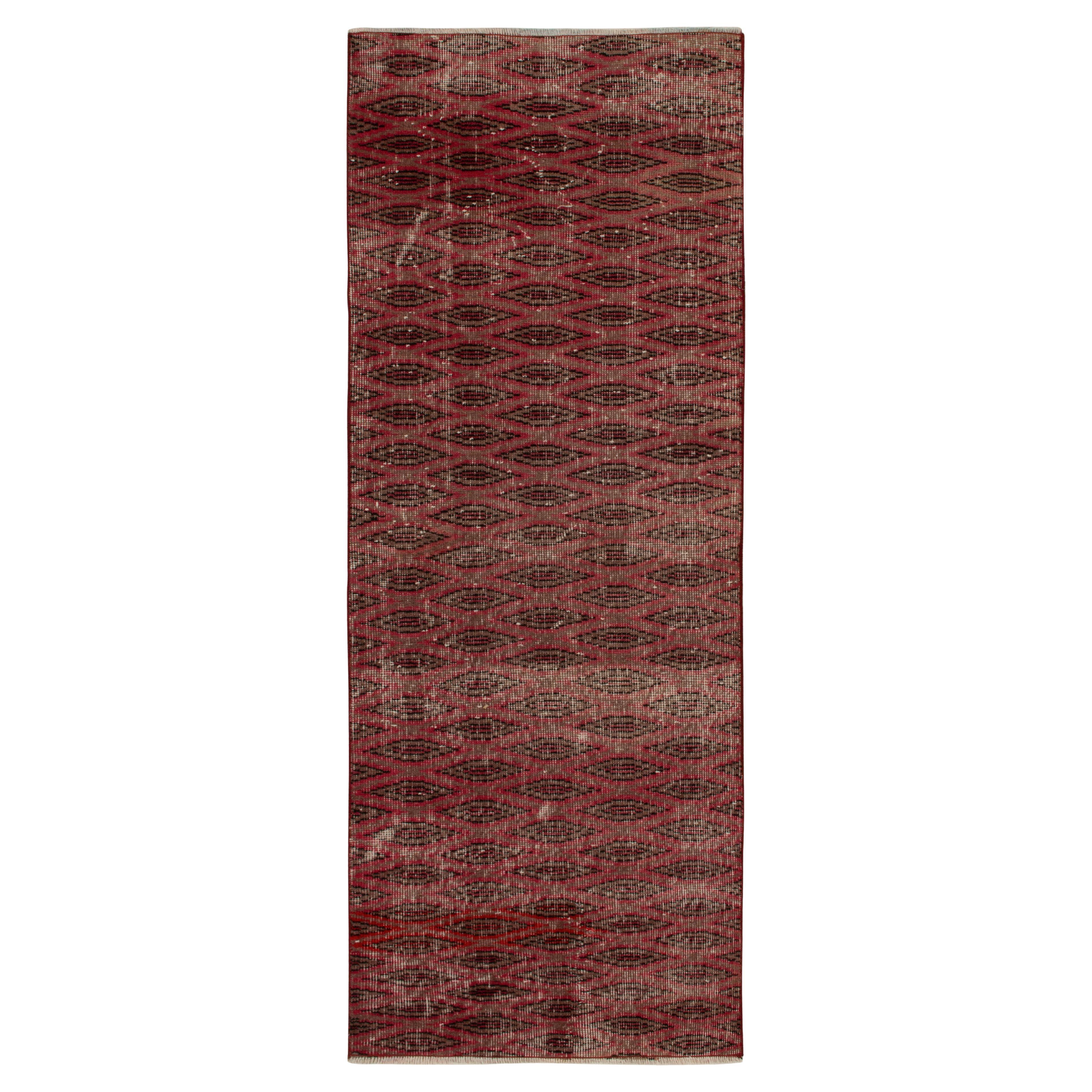1960s Vintage Art Deco Runner in Red and Brown Geometric Pattern, by Rug & Kilim For Sale